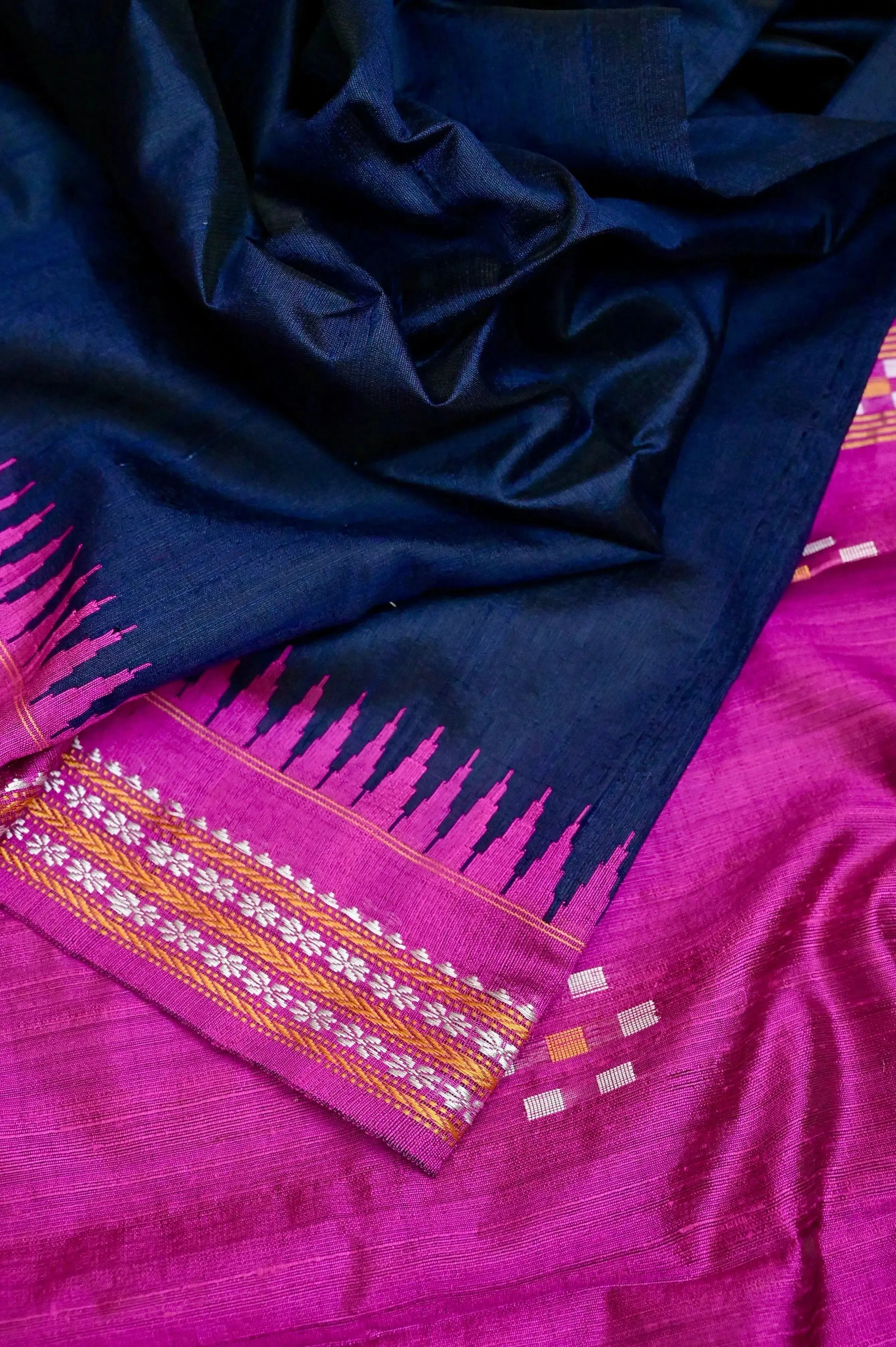 Deep Navy Blue Color Raw Silk Saree with Vidarbha and Ganga Jamuna Border