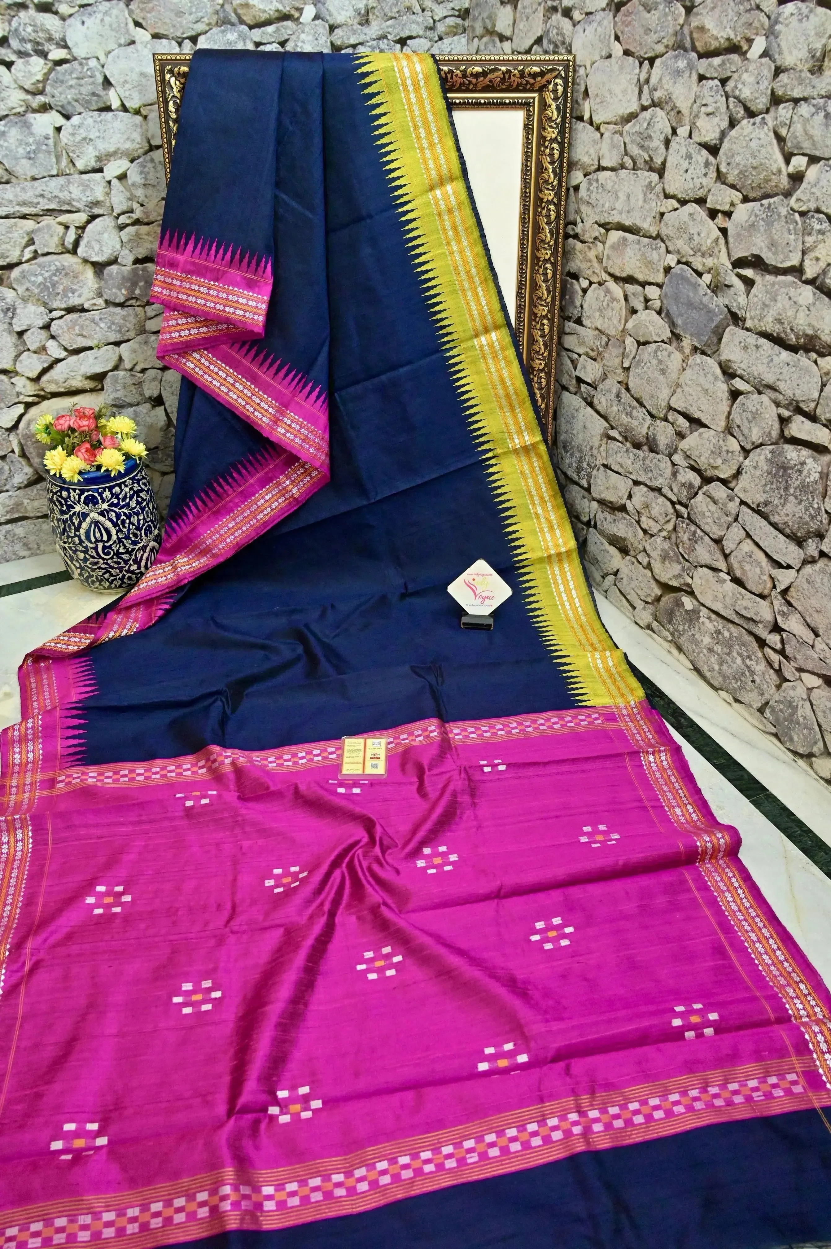 Deep Navy Blue Color Raw Silk Saree with Vidarbha and Ganga Jamuna Border