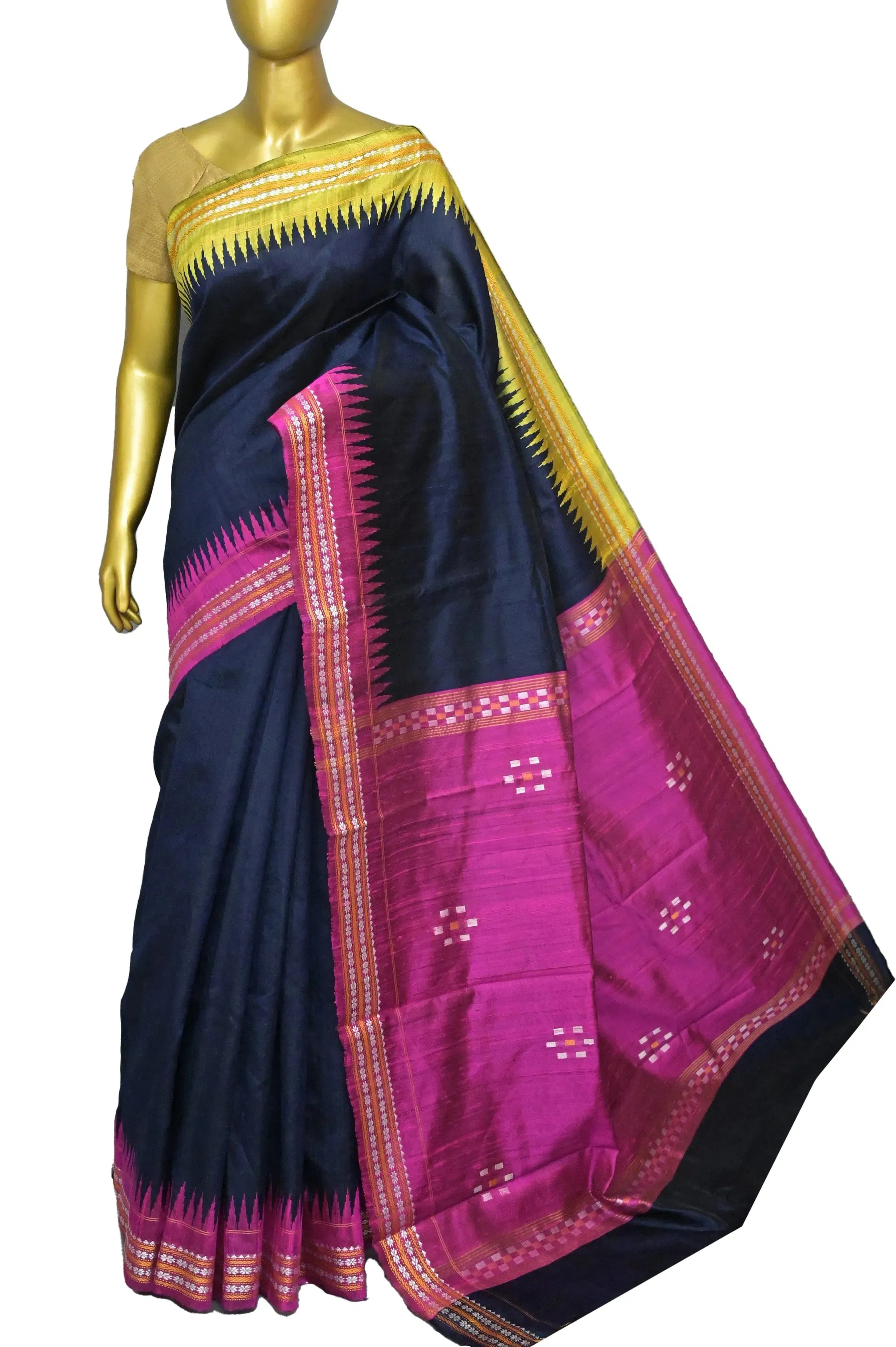 Deep Navy Blue Color Raw Silk Saree with Vidarbha and Ganga Jamuna Border