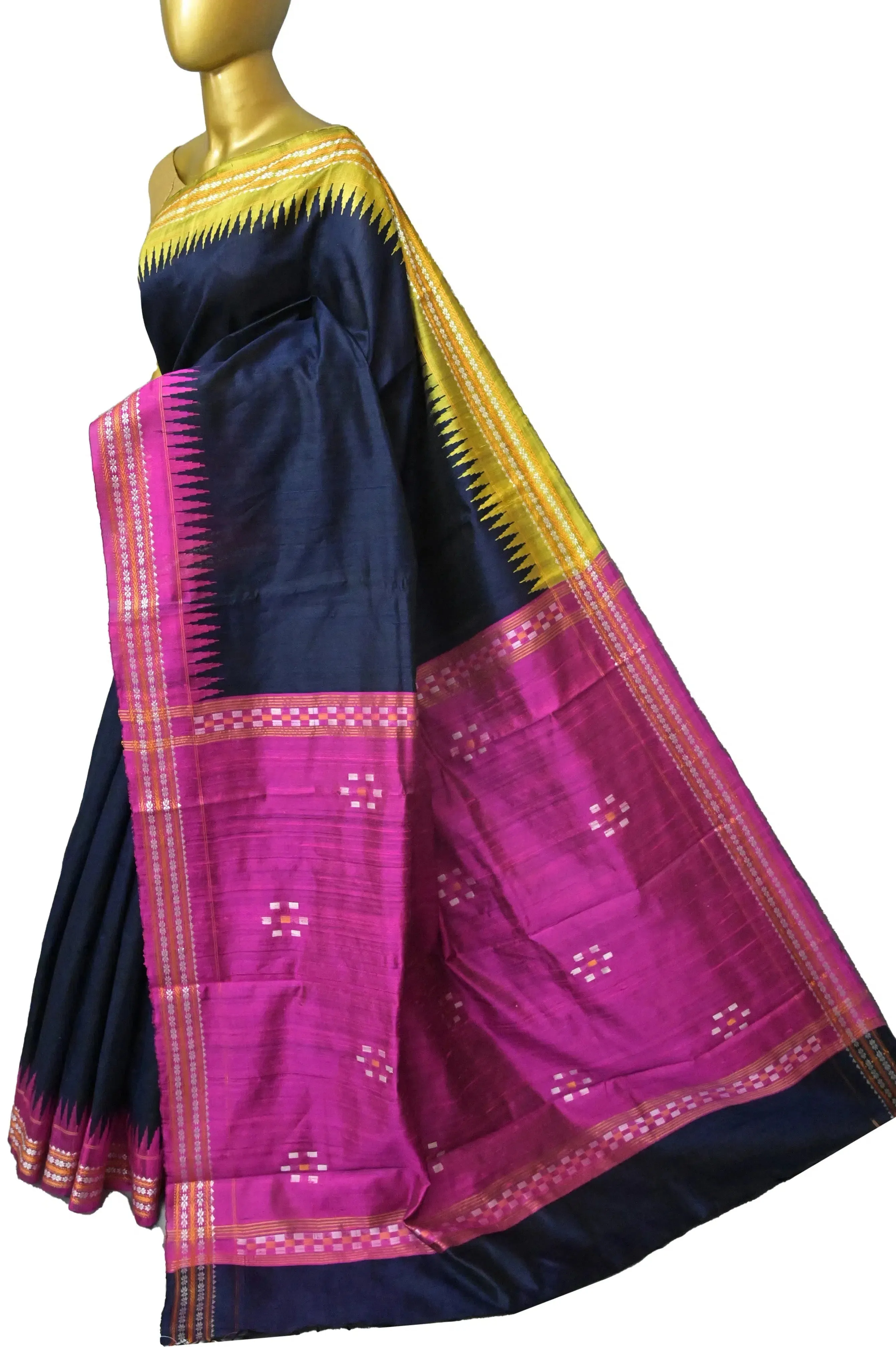 Deep Navy Blue Color Raw Silk Saree with Vidarbha and Ganga Jamuna Border