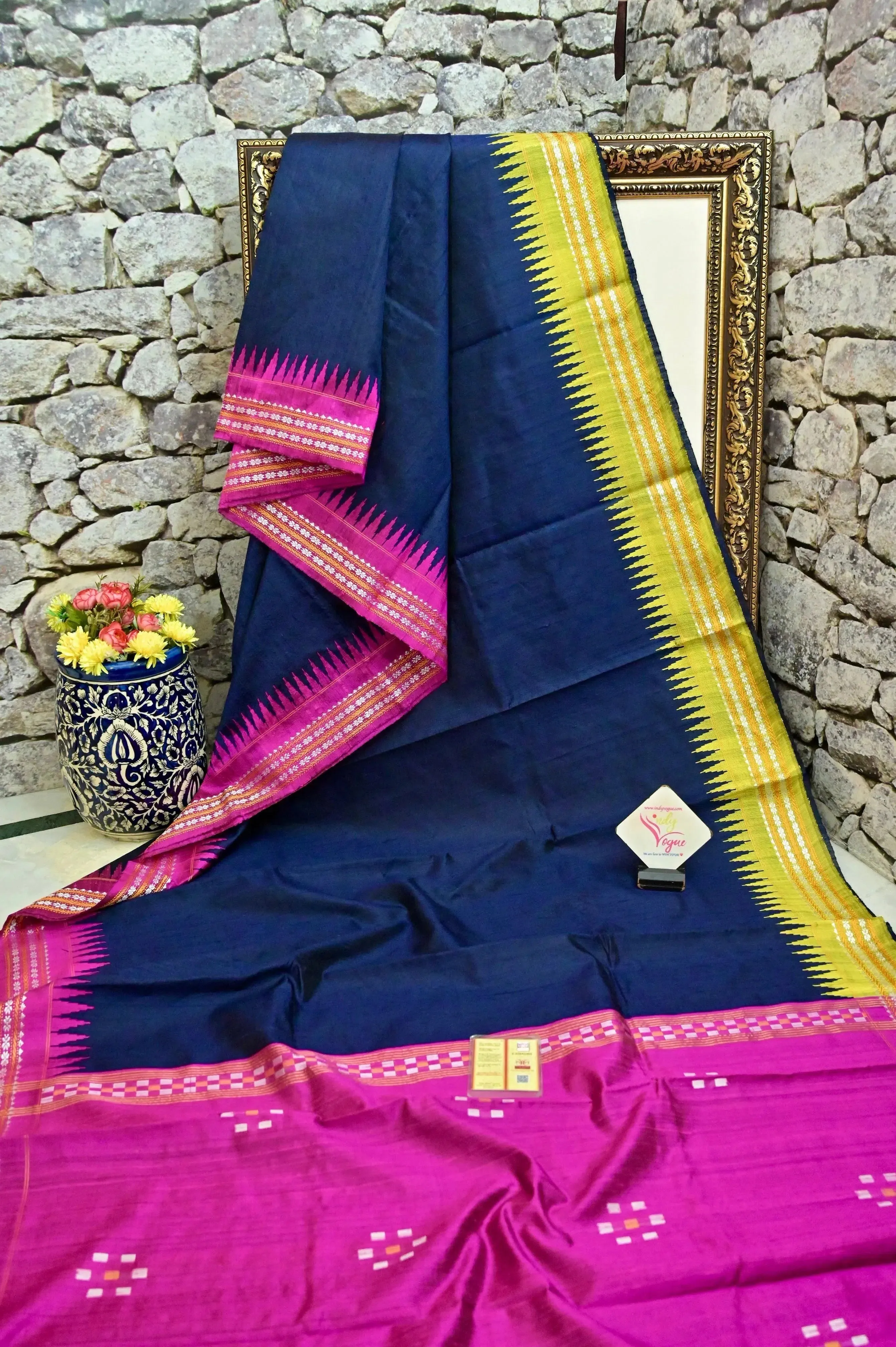 Deep Navy Blue Color Raw Silk Saree with Vidarbha and Ganga Jamuna Border