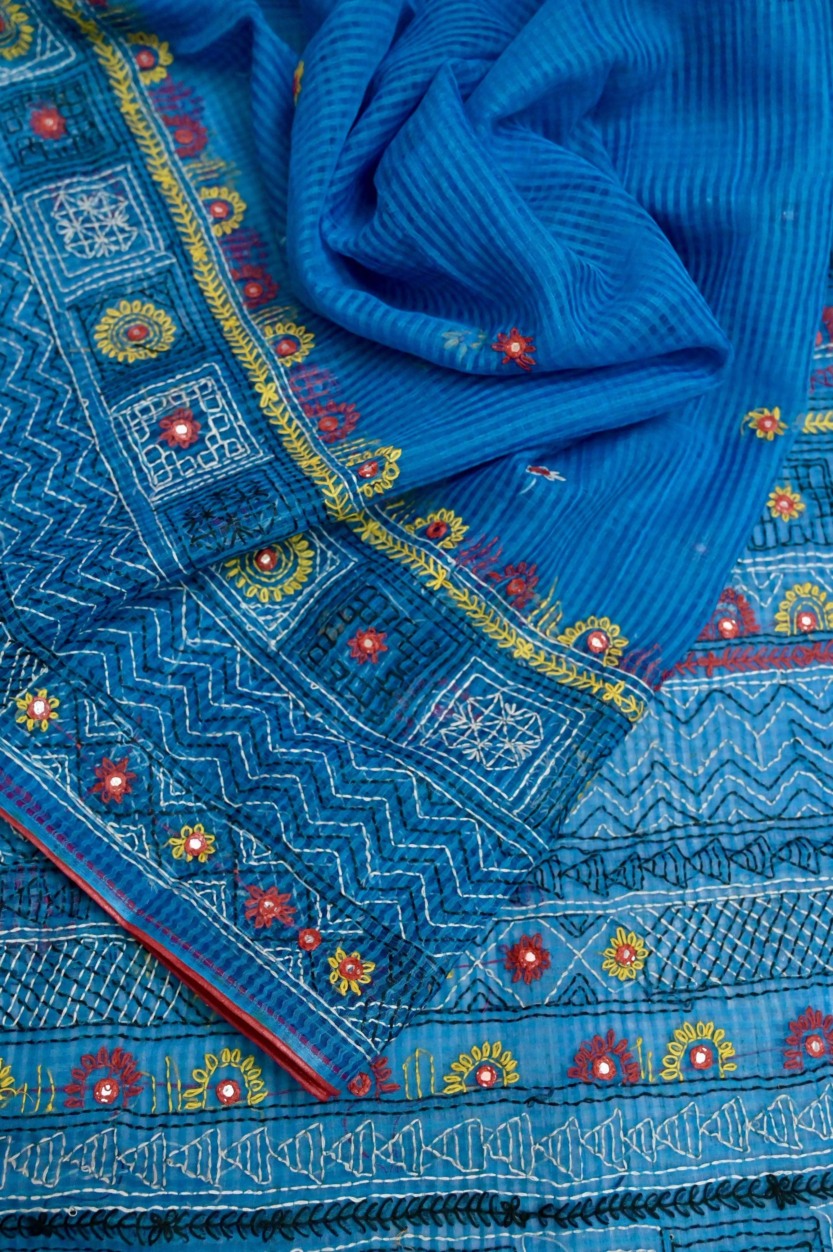 Deep Sky Blue Color Resham Kota Saree with Hand Lambani and Mirror Work