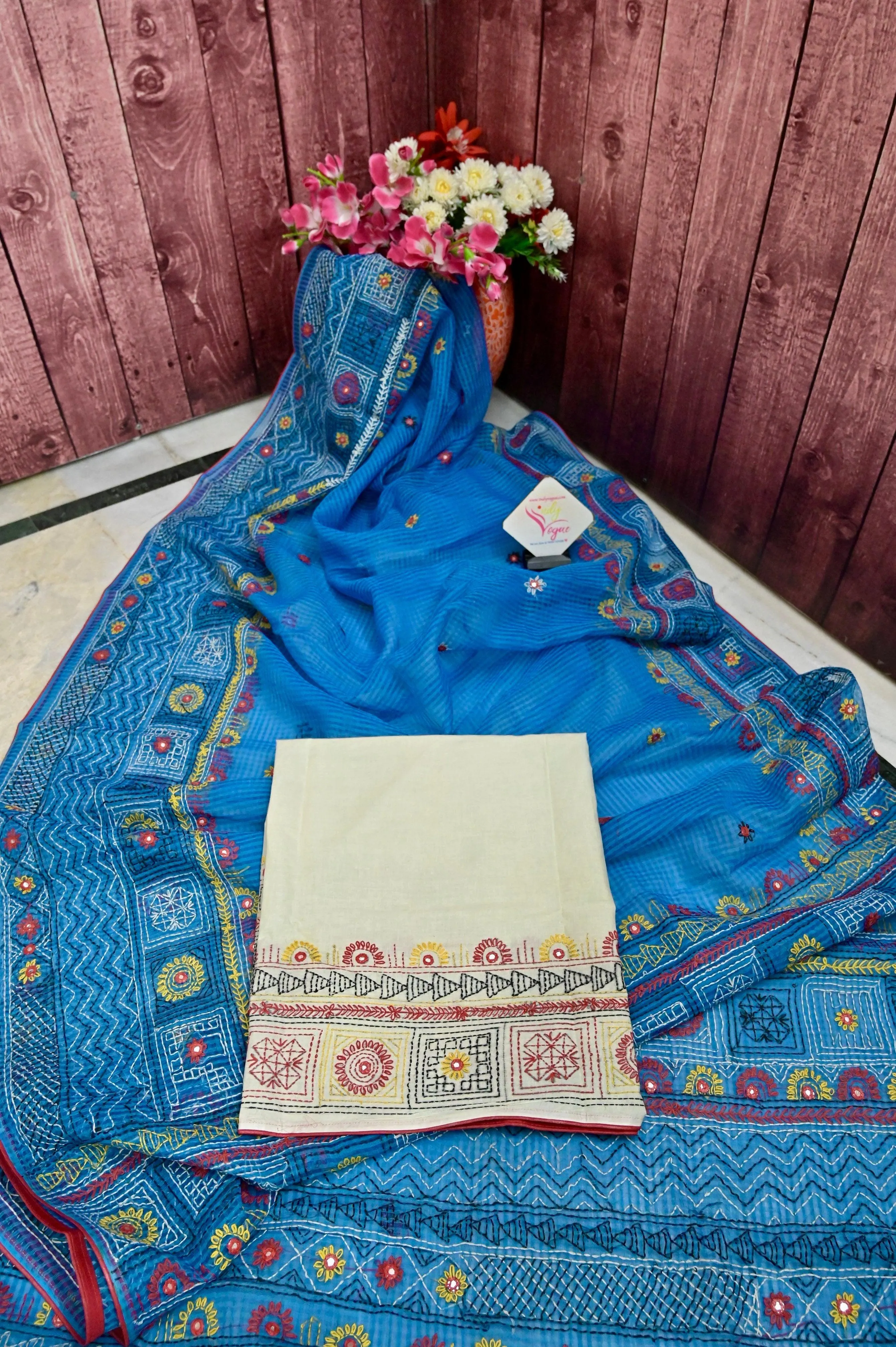 Deep Sky Blue Color Resham Kota Saree with Hand Lambani and Mirror Work