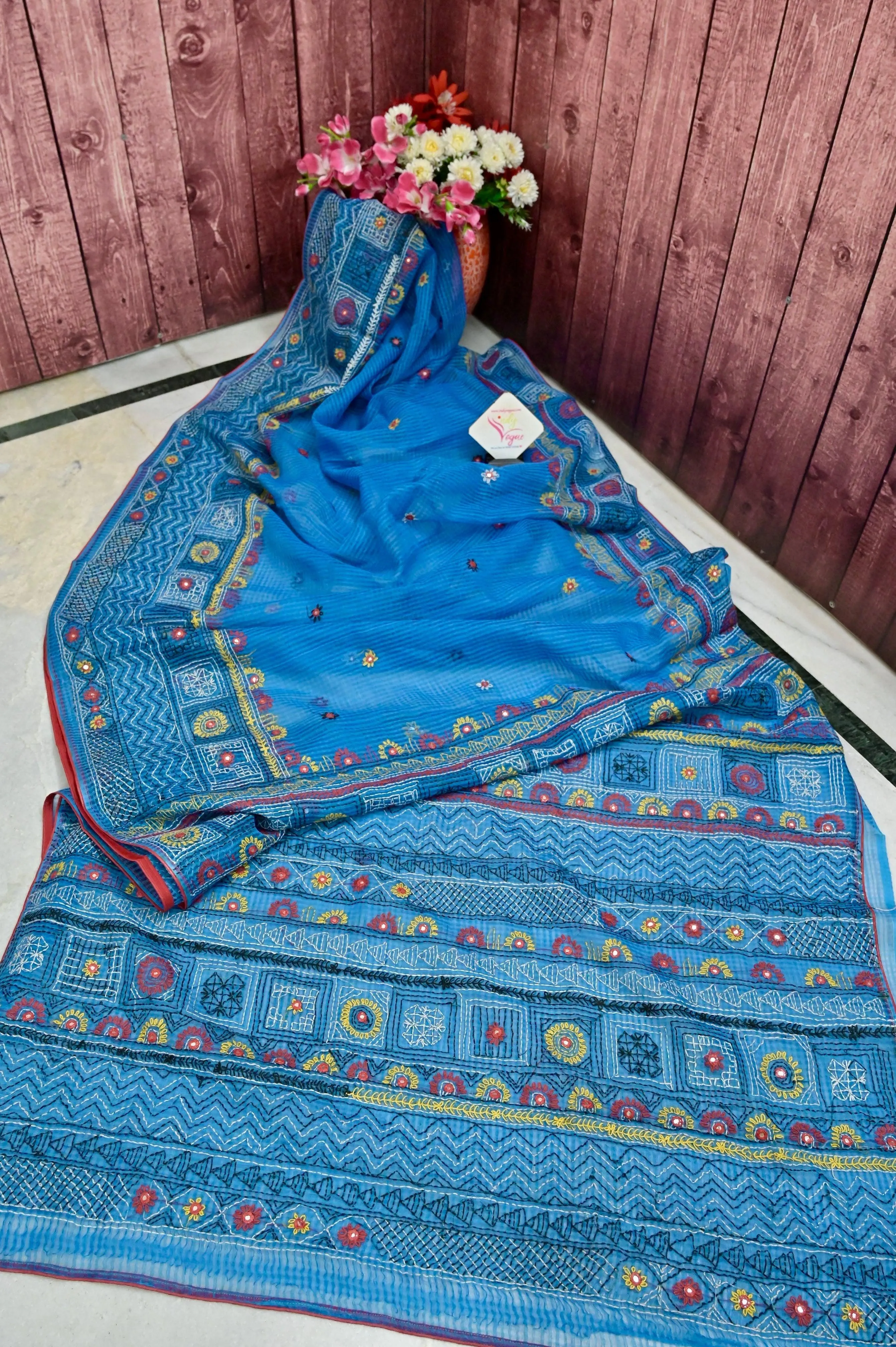 Deep Sky Blue Color Resham Kota Saree with Hand Lambani and Mirror Work