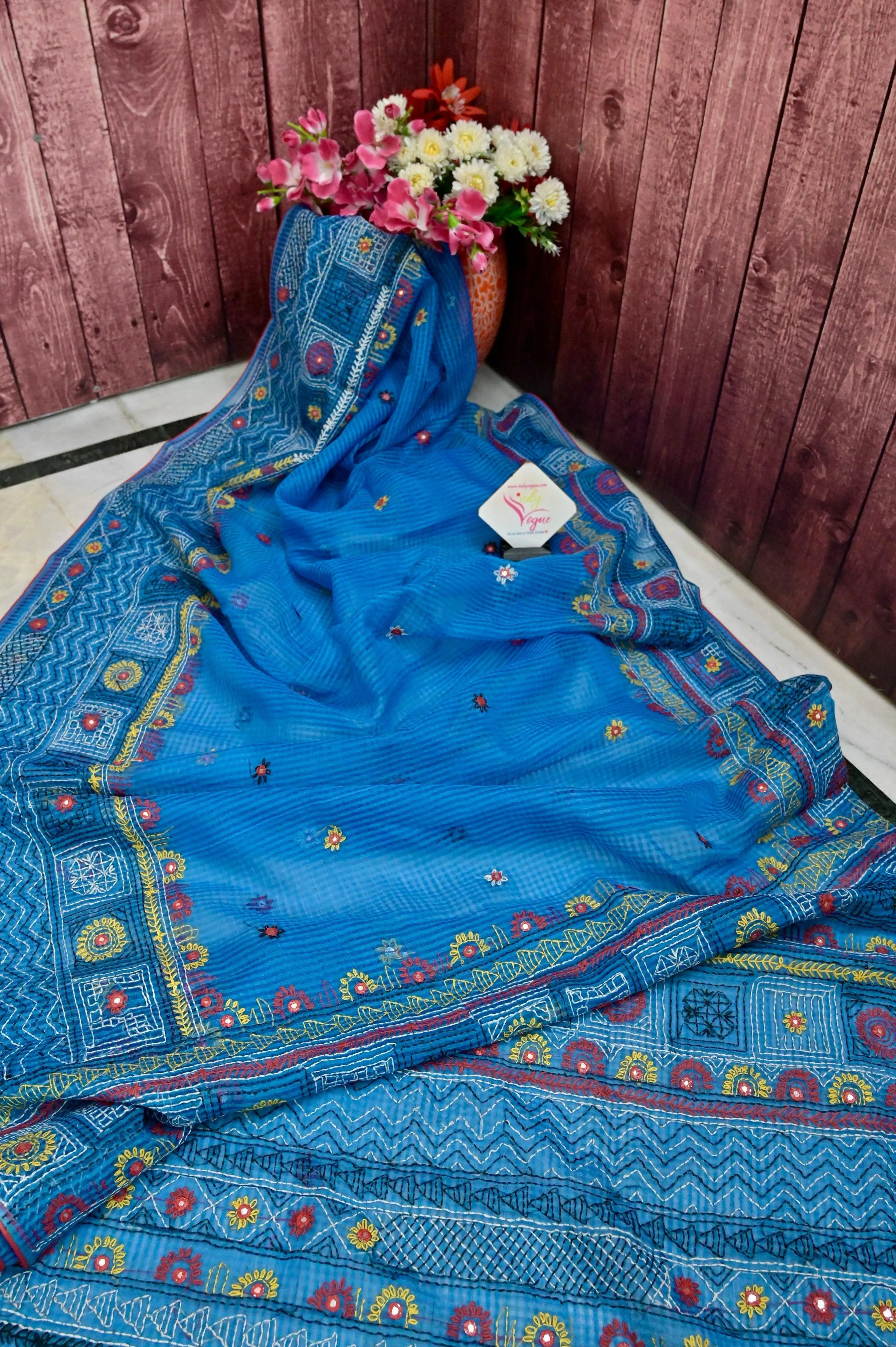 Deep Sky Blue Color Resham Kota Saree with Hand Lambani and Mirror Work