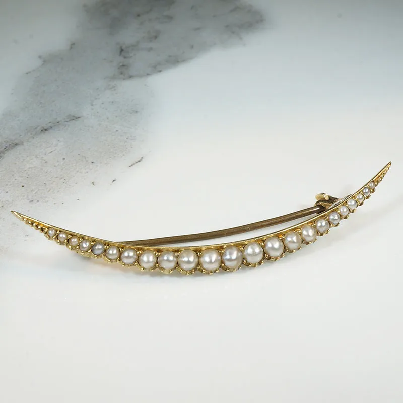 Delicate Sliver Gold & Pearl Crescent Moon Brooch