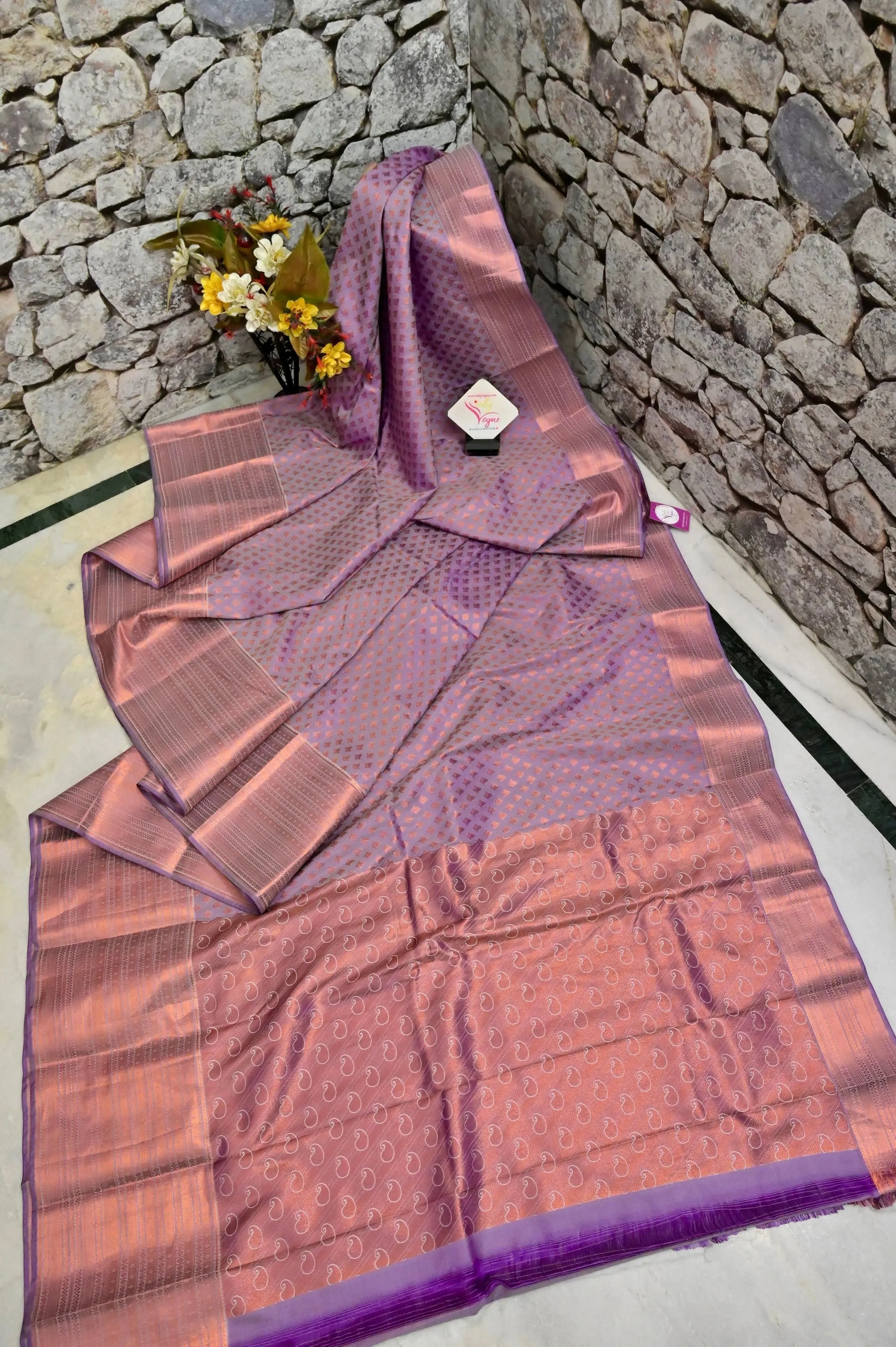 Dirt Mauve Color South Silk Saree with Allover Copper Zari Work