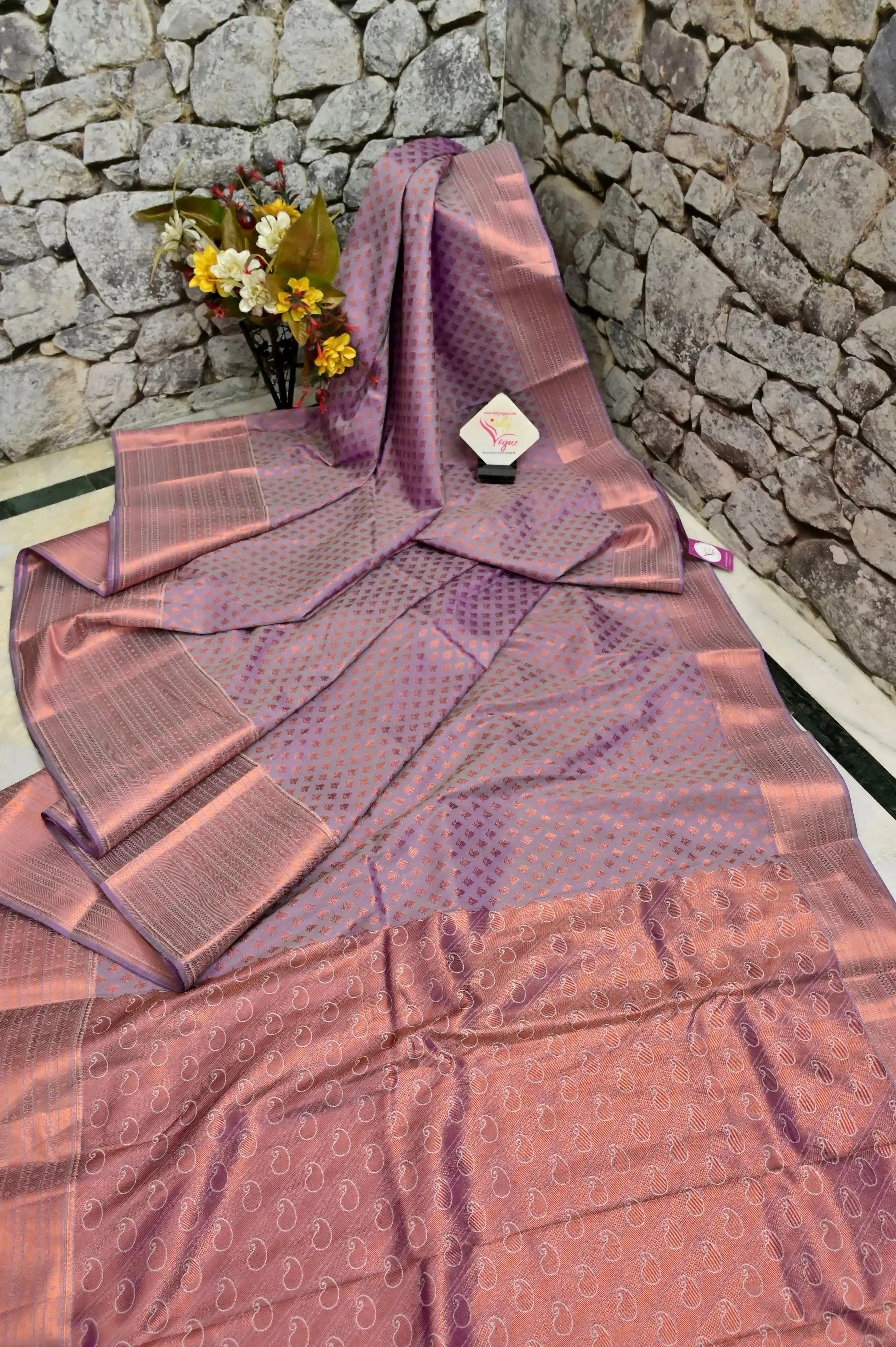 Dirt Mauve Color South Silk Saree with Allover Copper Zari Work