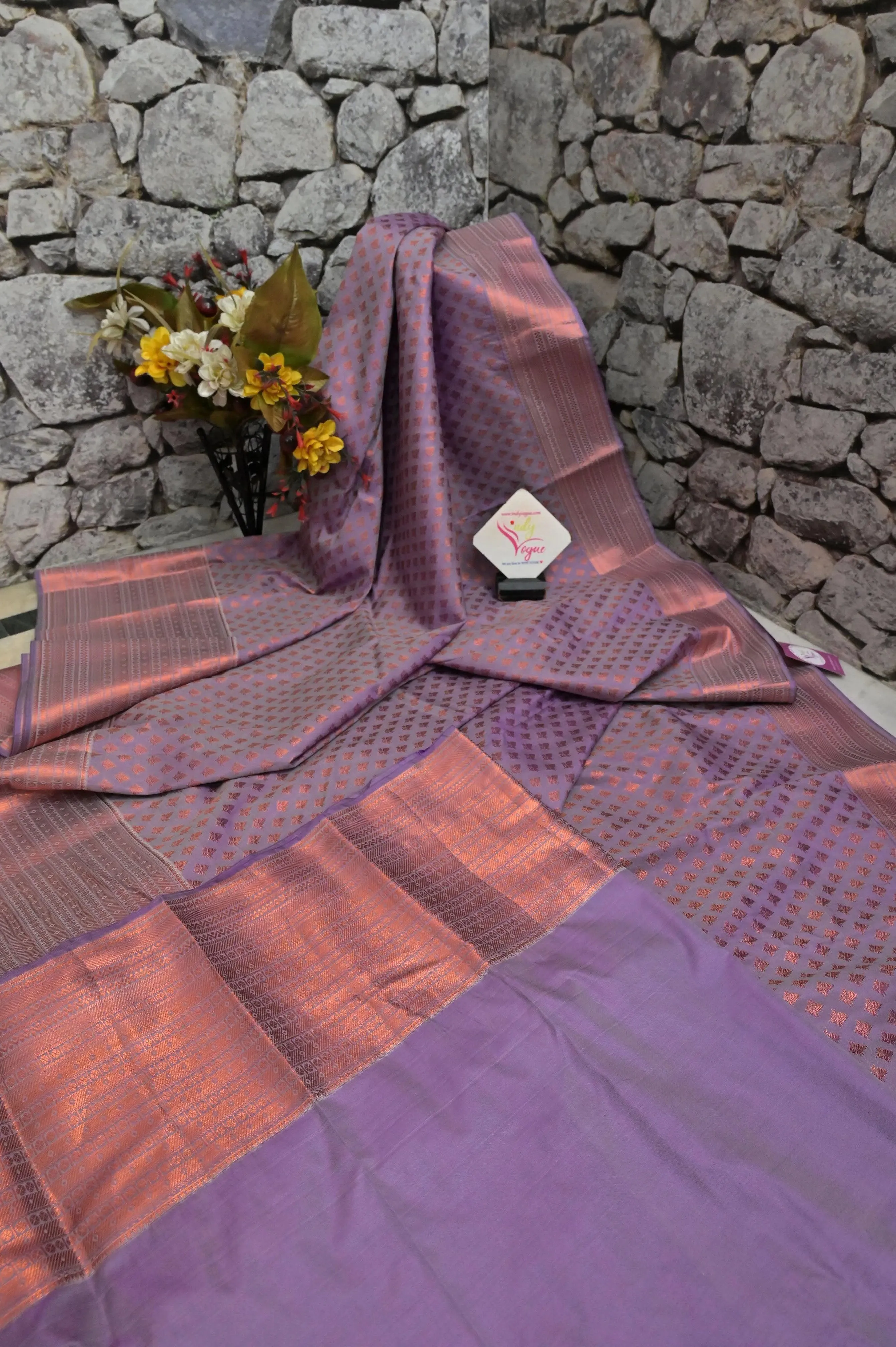 Dirt Mauve Color South Silk Saree with Allover Copper Zari Work