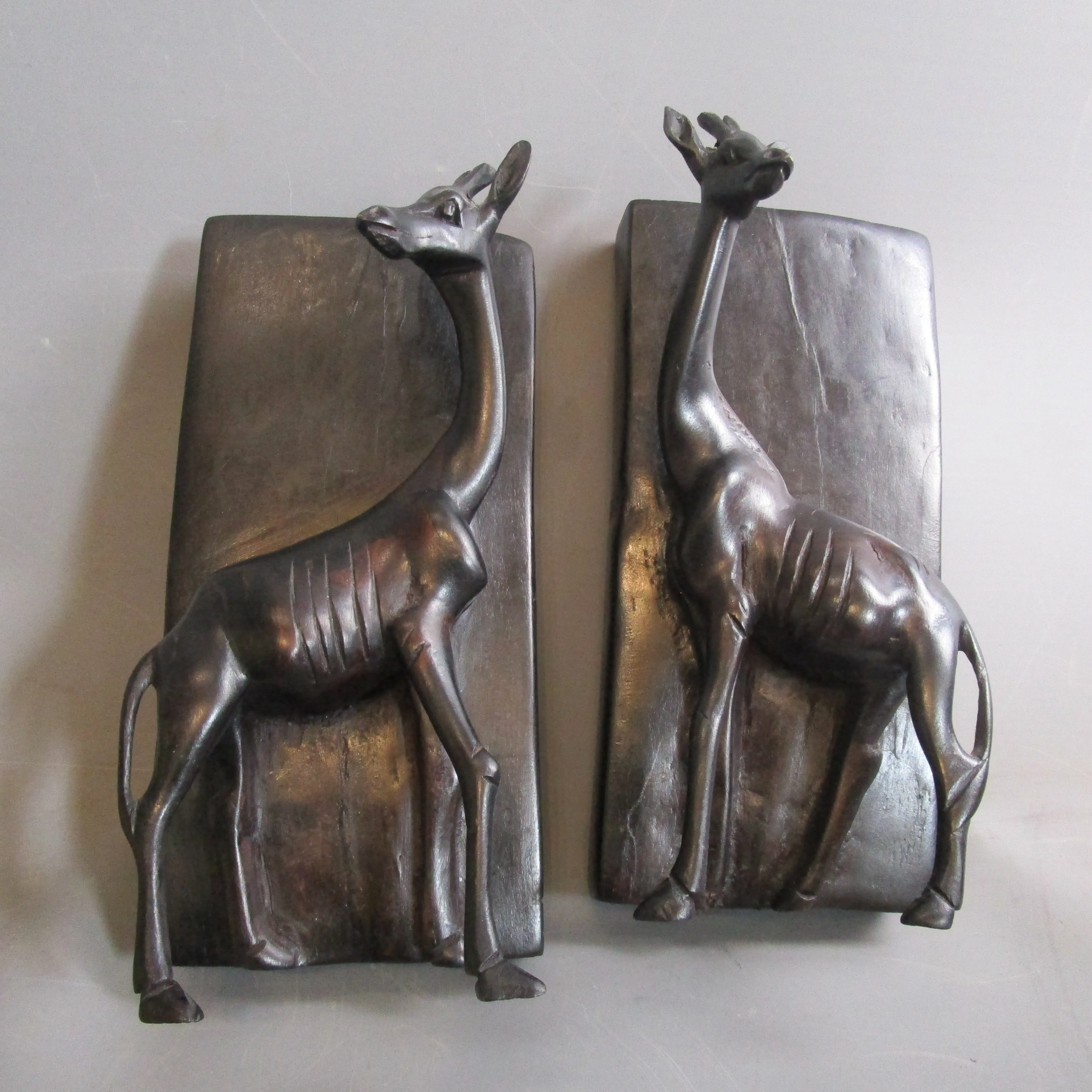 Ebony African Carved Giraffe Bookends Vintage c1970