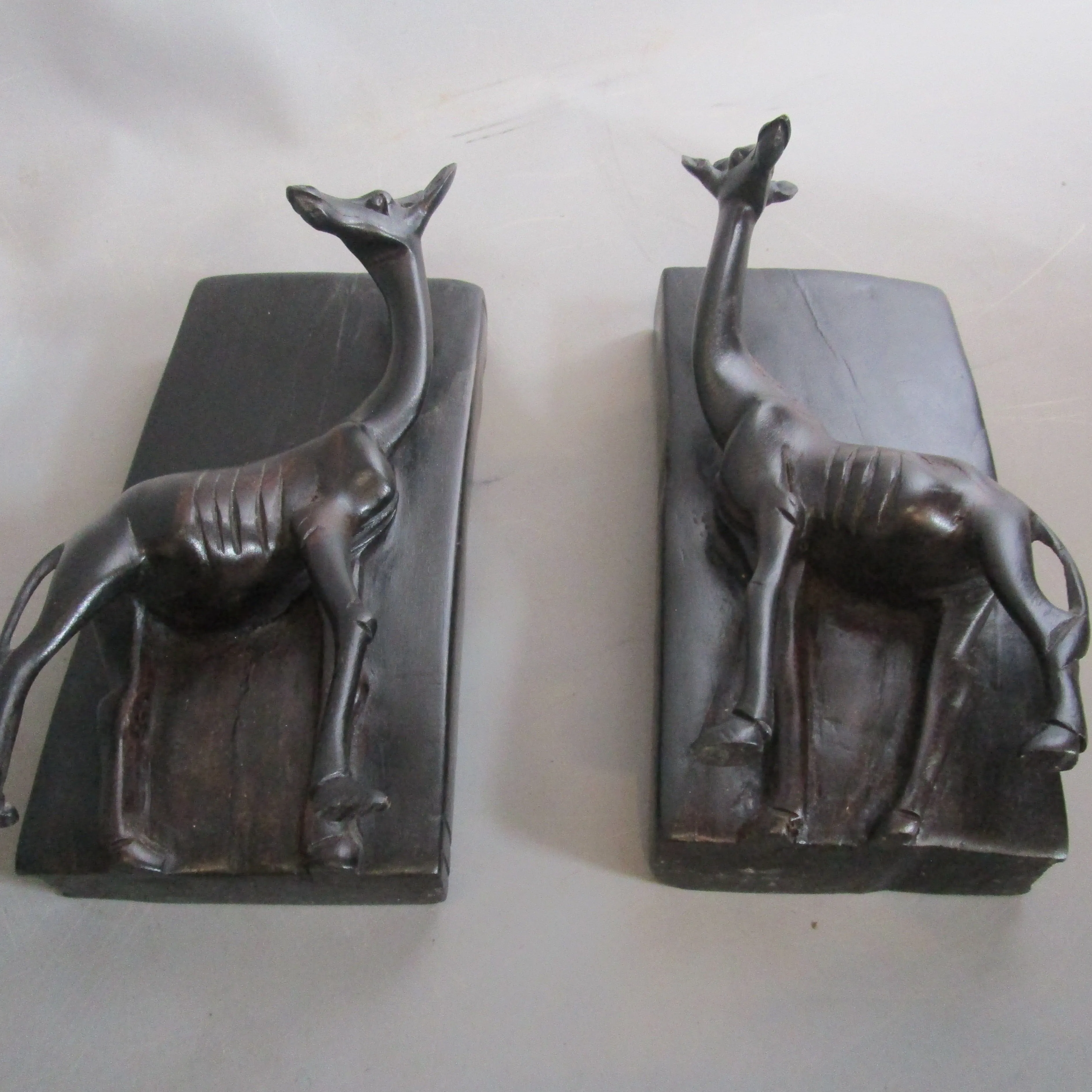 Ebony African Carved Giraffe Bookends Vintage c1970