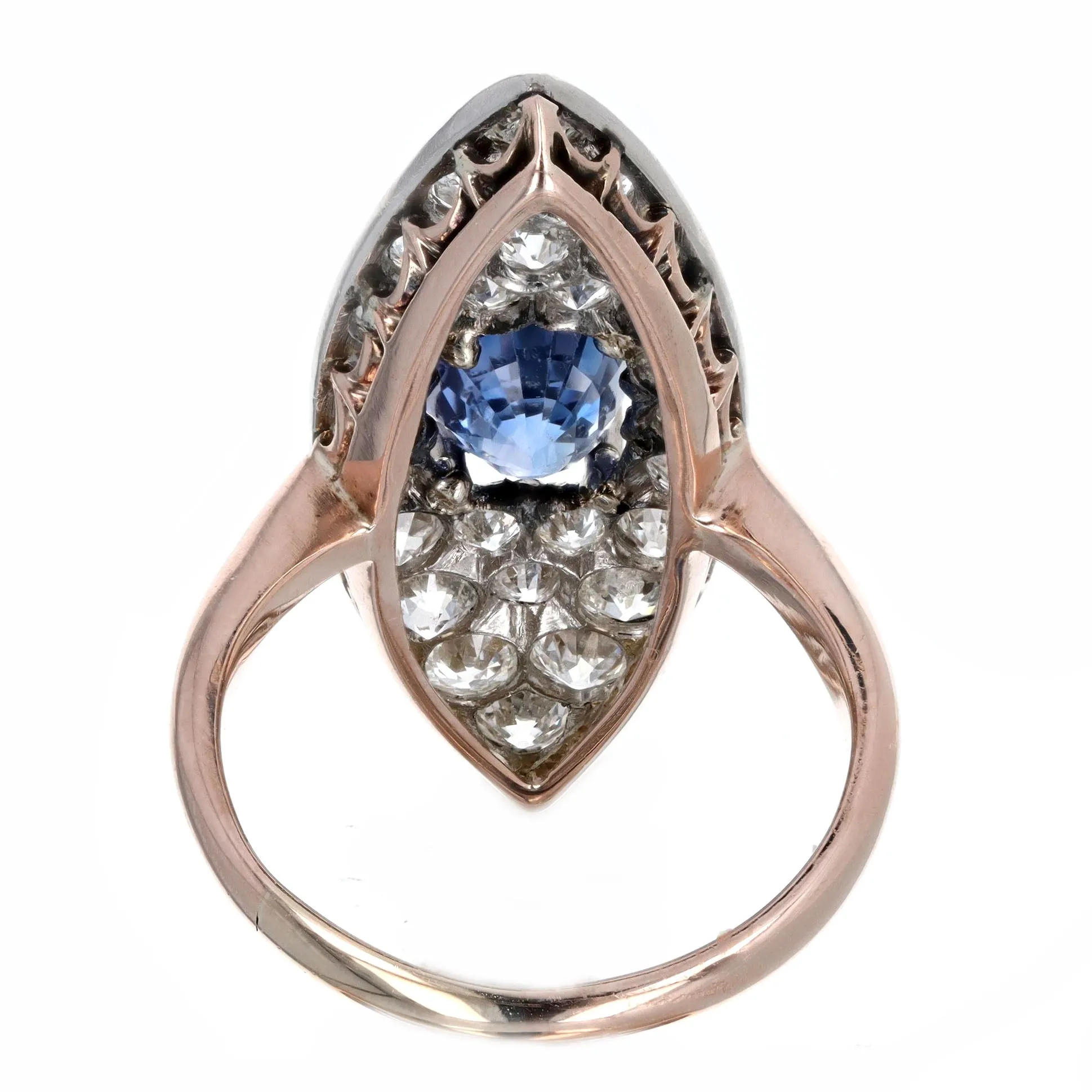 Edwardian 1.86 Carat Oval Natural Sapphire Diamond Navette Ring in 10K Rose Gold & Platinum