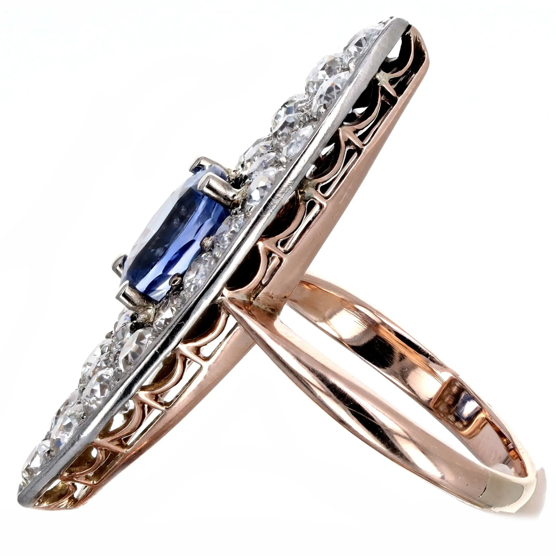 Edwardian 1.86 Carat Oval Natural Sapphire Diamond Navette Ring in 10K Rose Gold & Platinum