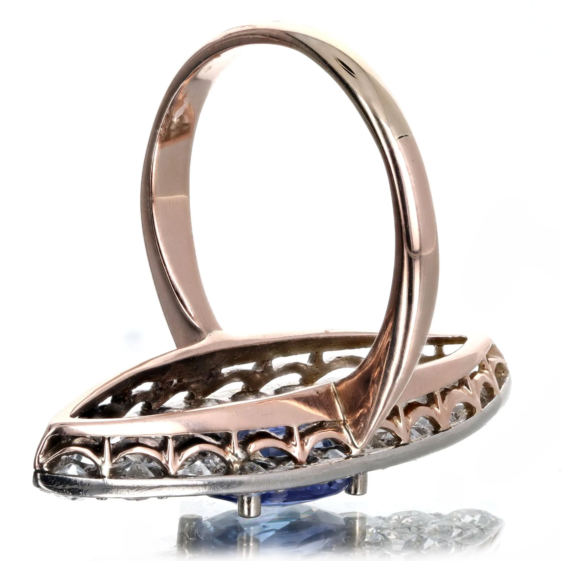 Edwardian 1.86 Carat Oval Natural Sapphire Diamond Navette Ring in 10K Rose Gold & Platinum