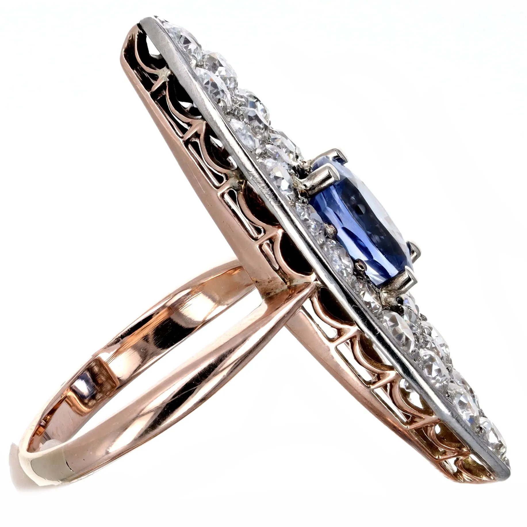 Edwardian 1.86 Carat Oval Natural Sapphire Diamond Navette Ring in 10K Rose Gold & Platinum