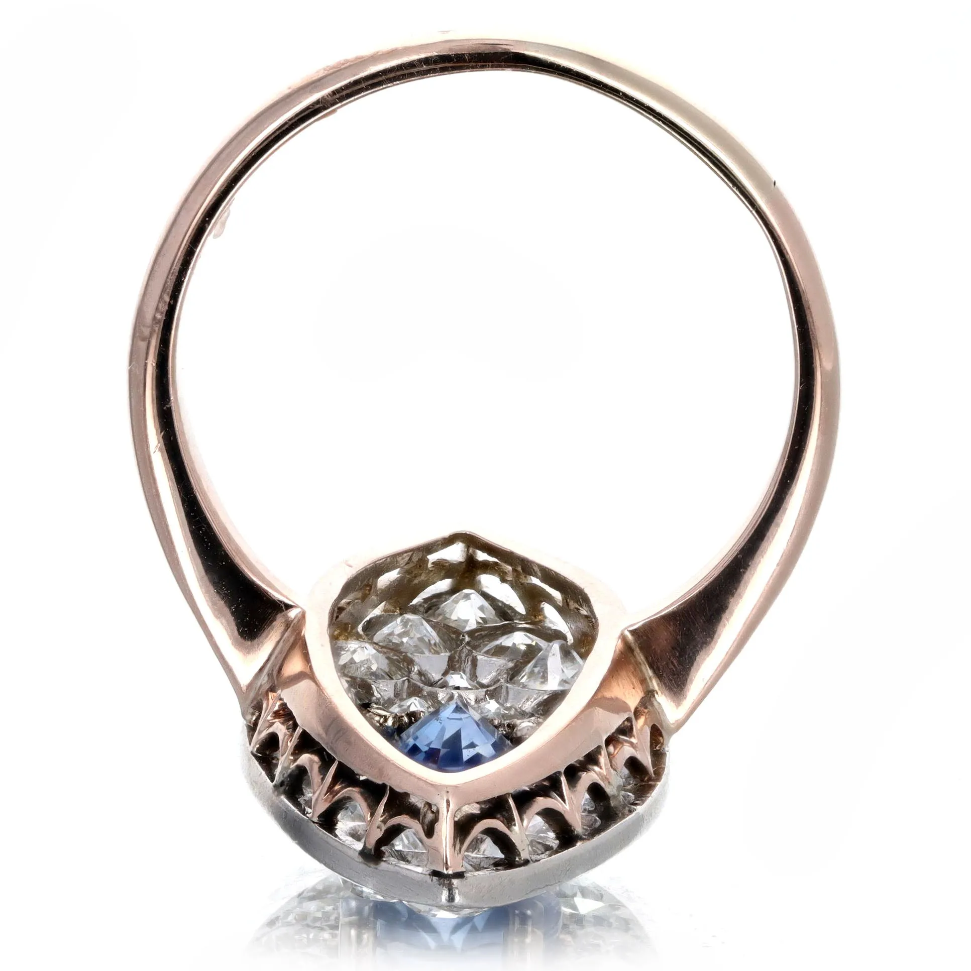 Edwardian 1.86 Carat Oval Natural Sapphire Diamond Navette Ring in 10K Rose Gold & Platinum