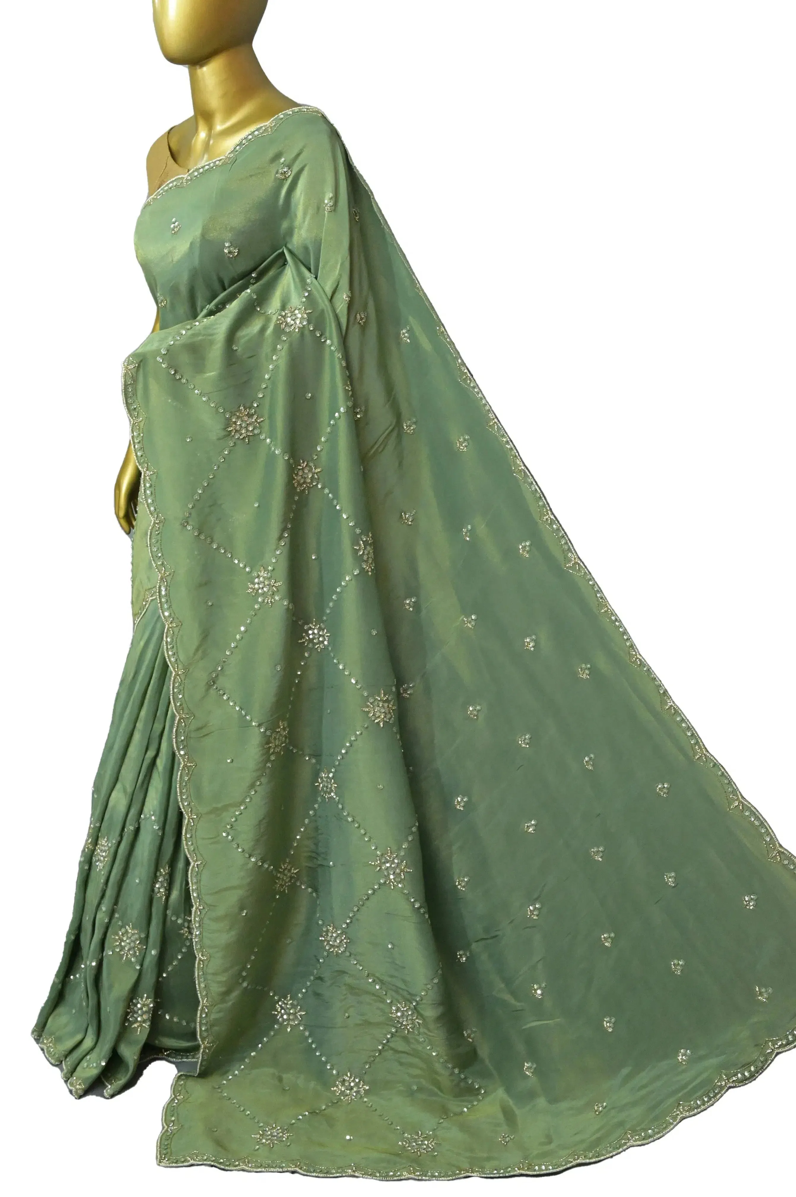 Elaichi Green Color Georgette Tissue Saree with Hand Zardozi Work and Scallop Border