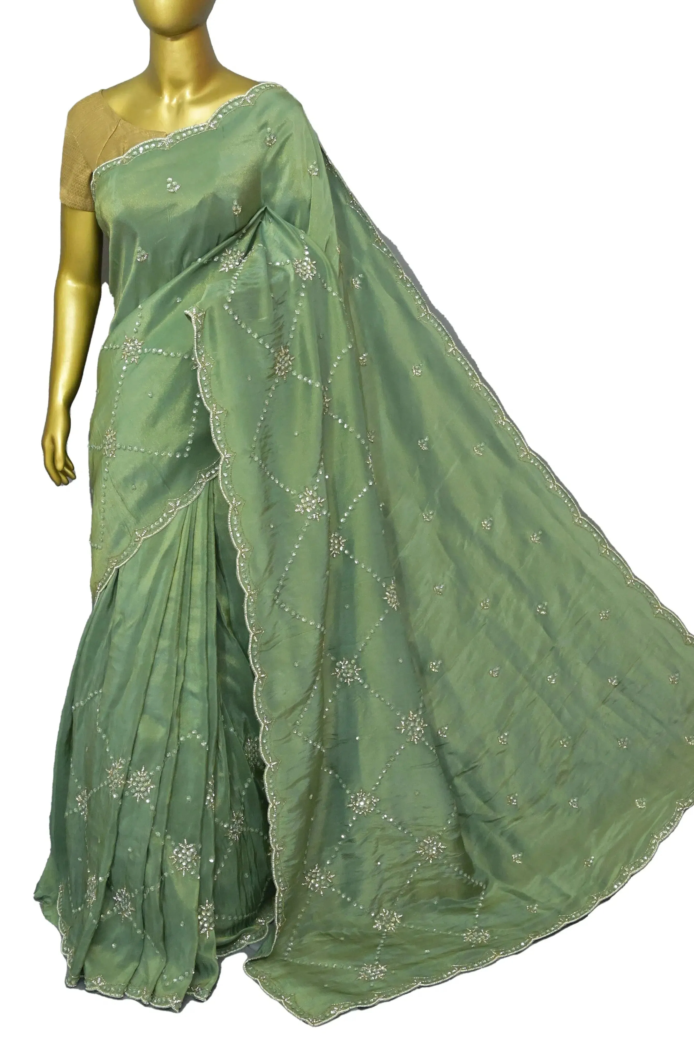 Elaichi Green Color Georgette Tissue Saree with Hand Zardozi Work and Scallop Border