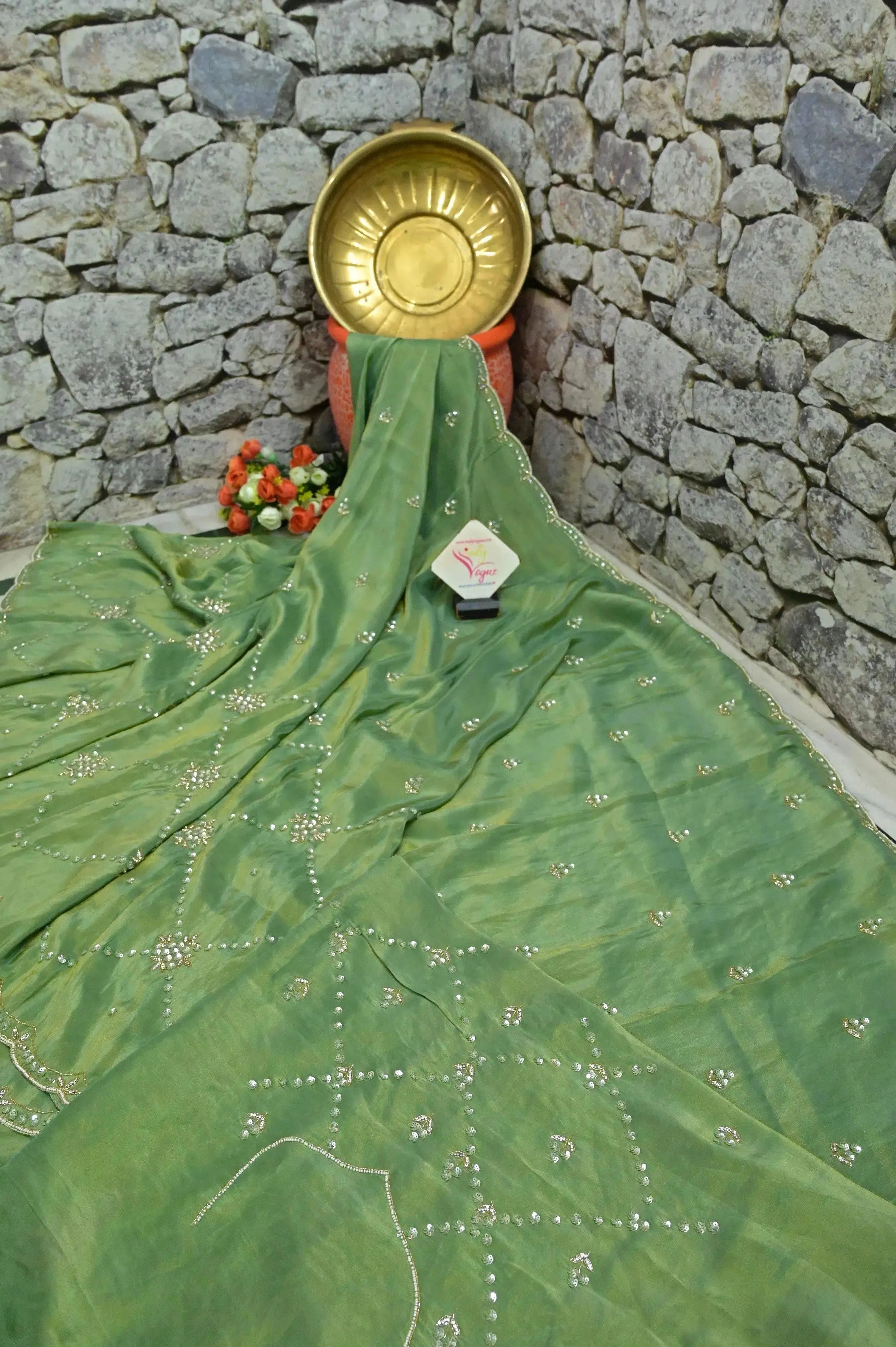 Elaichi Green Color Georgette Tissue Saree with Hand Zardozi Work and Scallop Border