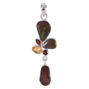 Genuine Ammolite, Citrine And Garnet Gemstone Sterling Silver Pendant