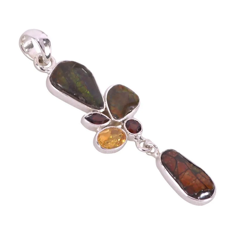 Genuine Ammolite, Citrine And Garnet Gemstone Sterling Silver Pendant