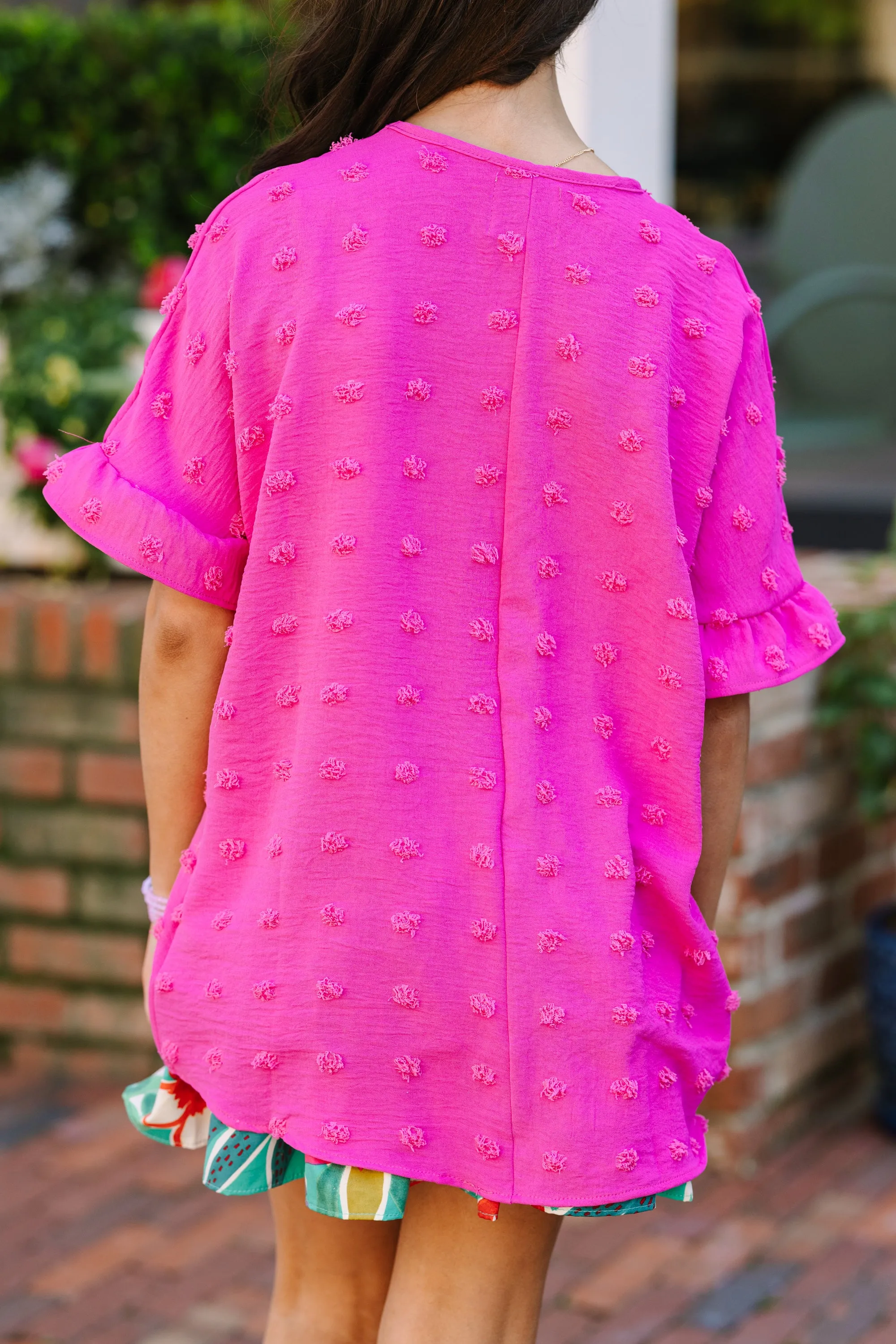 Girls: All I Ask Fuchsia Pink Swiss Dot Ruffled Top