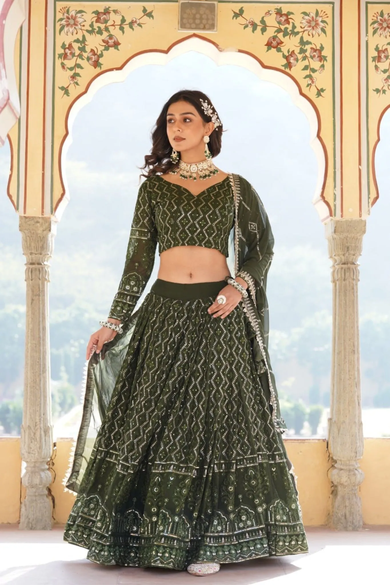 Glamour Faux Georgette Lehenga Choli With Sequins & Thread Embroidery