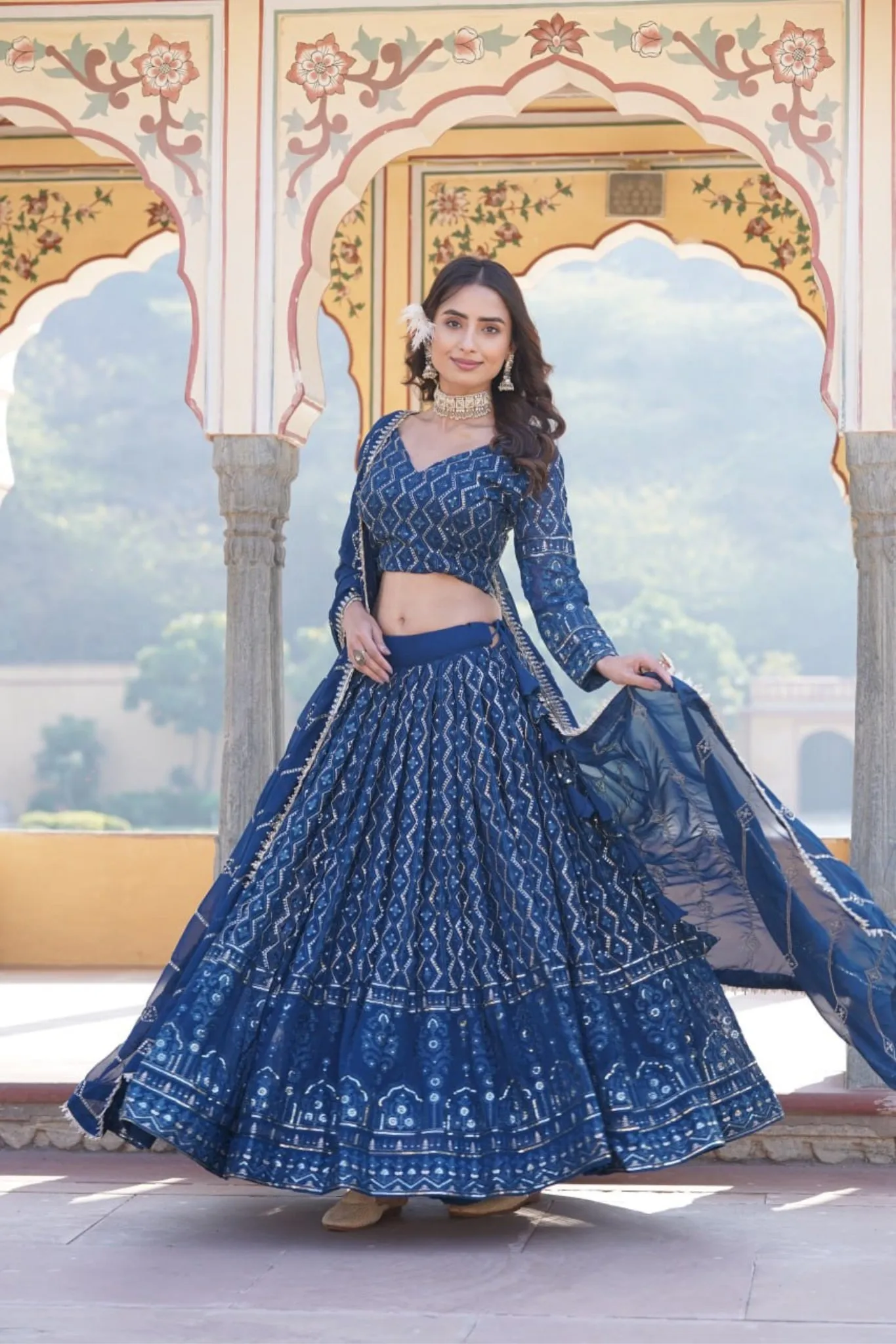 Glamour Faux Georgette Lehenga Choli With Sequins & Thread Embroidery