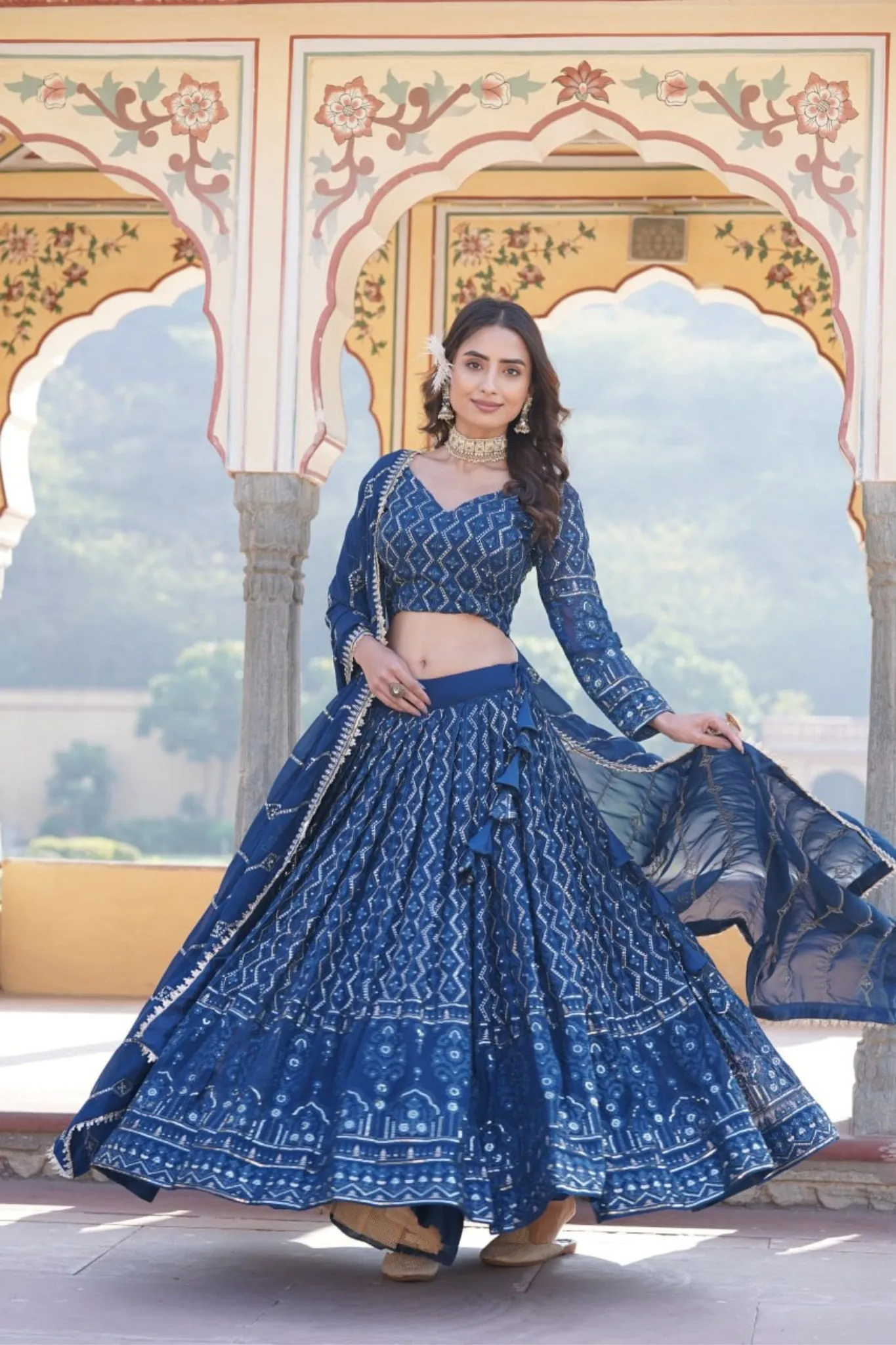 Glamour Faux Georgette Lehenga Choli With Sequins & Thread Embroidery