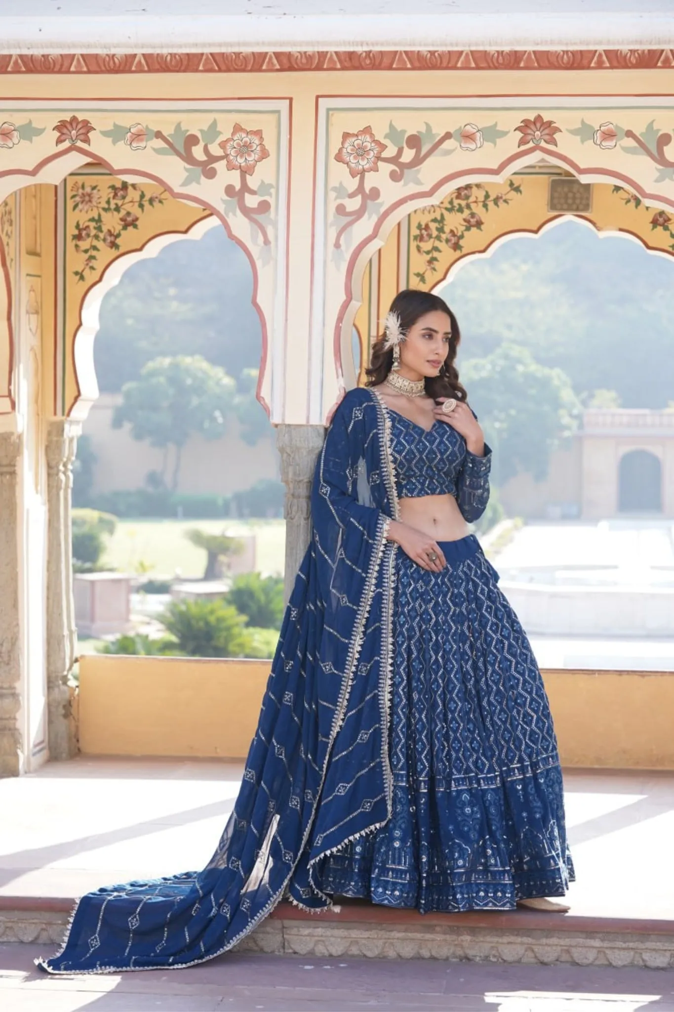 Glamour Faux Georgette Lehenga Choli With Sequins & Thread Embroidery