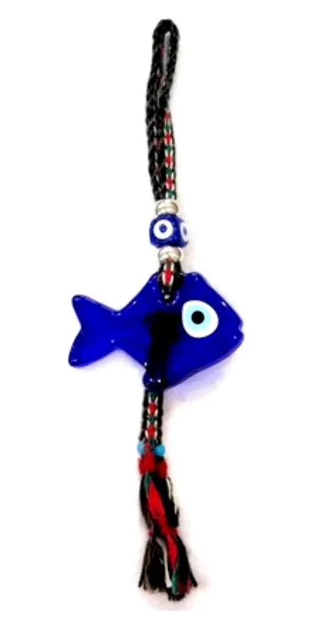 Glass Wall Hanging Fish Blue Eyes Symbols on a colourful rope.