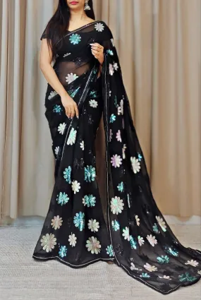 Gorgeous Black Color Designer Multicolor Sequins And Sequins lace Border Saree For Women