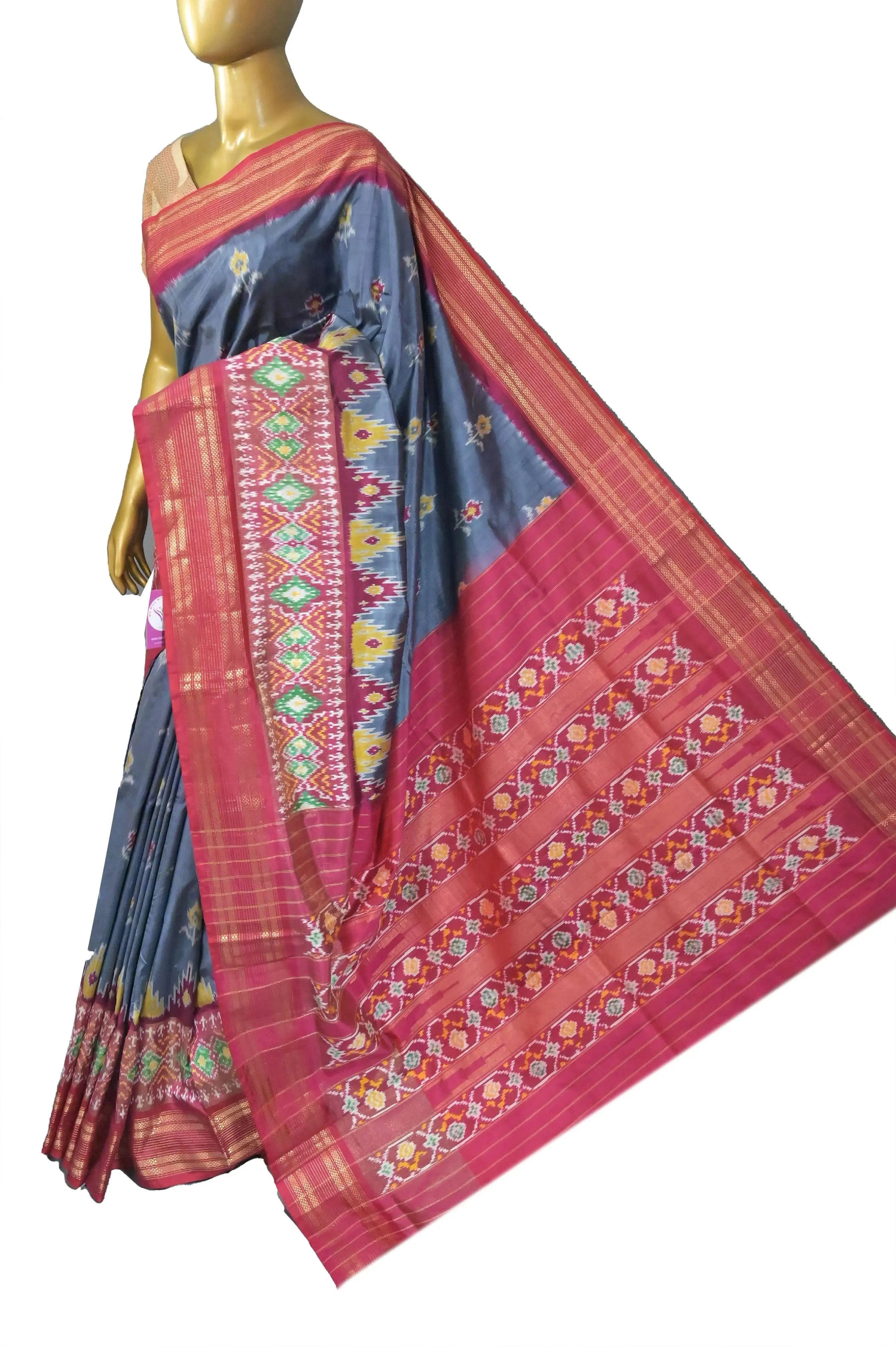 Grey and Red Color Pure Ikat Silk Saree with Broad Border