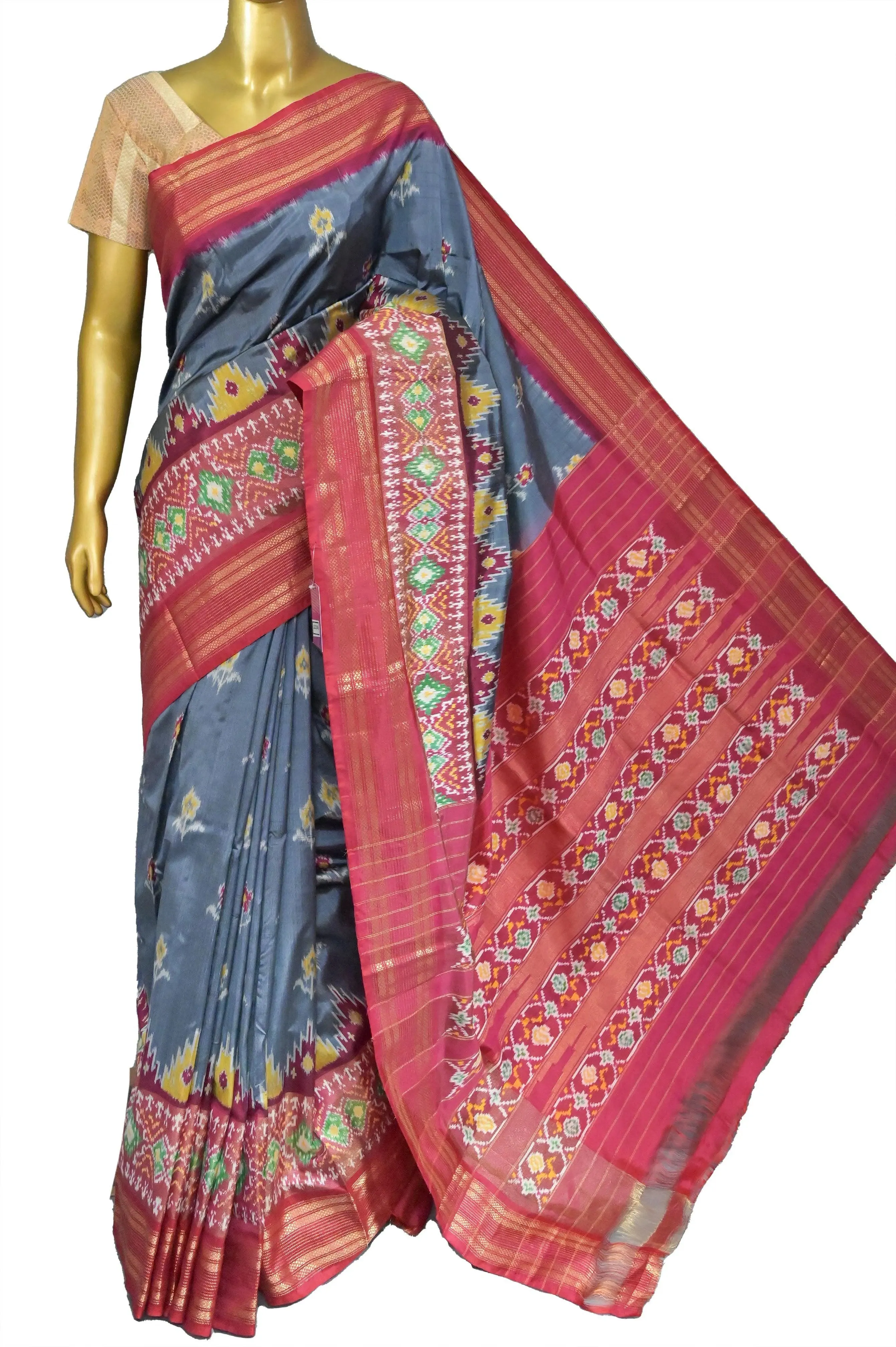 Grey and Red Color Pure Ikat Silk Saree with Broad Border