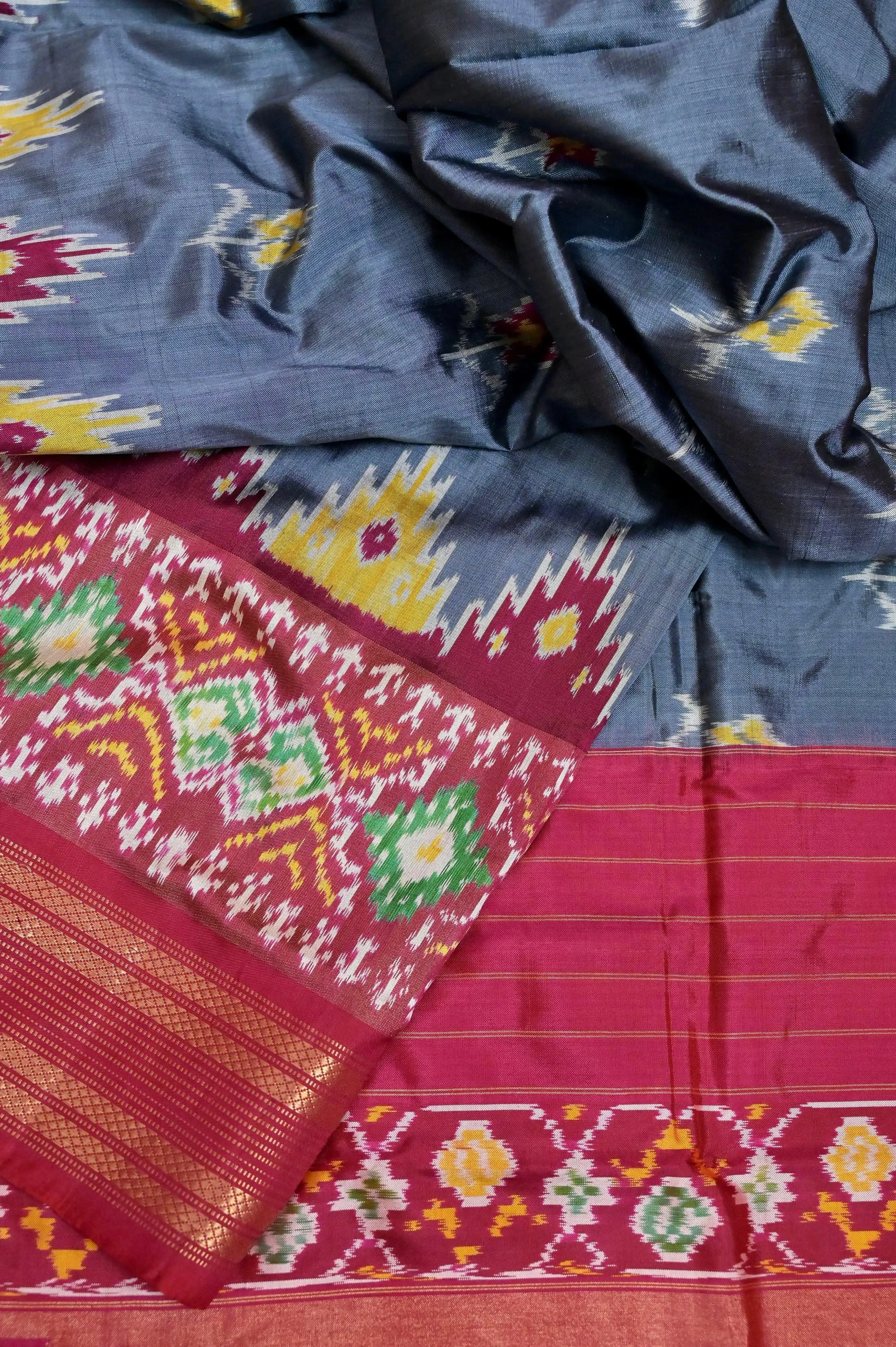 Grey and Red Color Pure Ikat Silk Saree with Broad Border