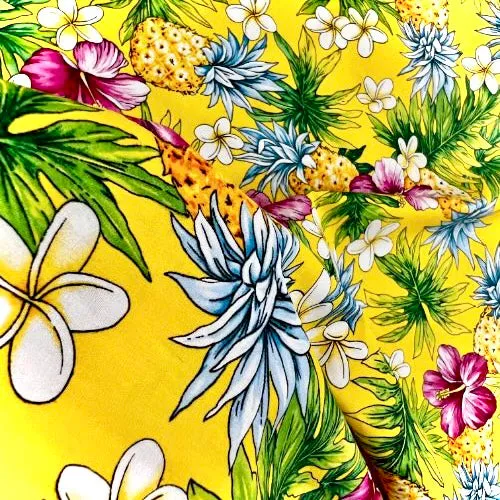 Hibiscus, Pineapple & Plumeria Hawaiian Fabric | Yellow 0223