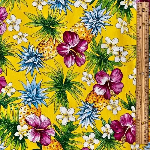 Hibiscus, Pineapple & Plumeria Hawaiian Fabric | Yellow 0223