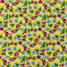 Hibiscus, Pineapple & Plumeria Hawaiian Fabric | Yellow 0223