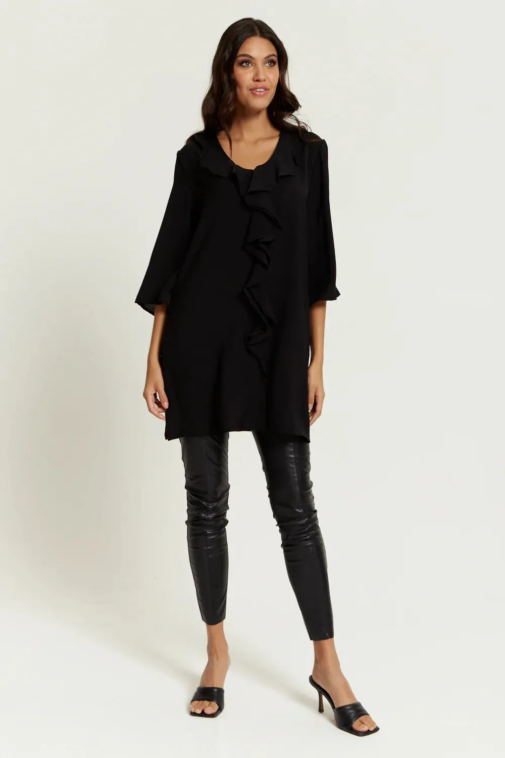 Hoxton Gal Relaxed Fit 3/4 Sleeve Frilled Front Detail Tunic