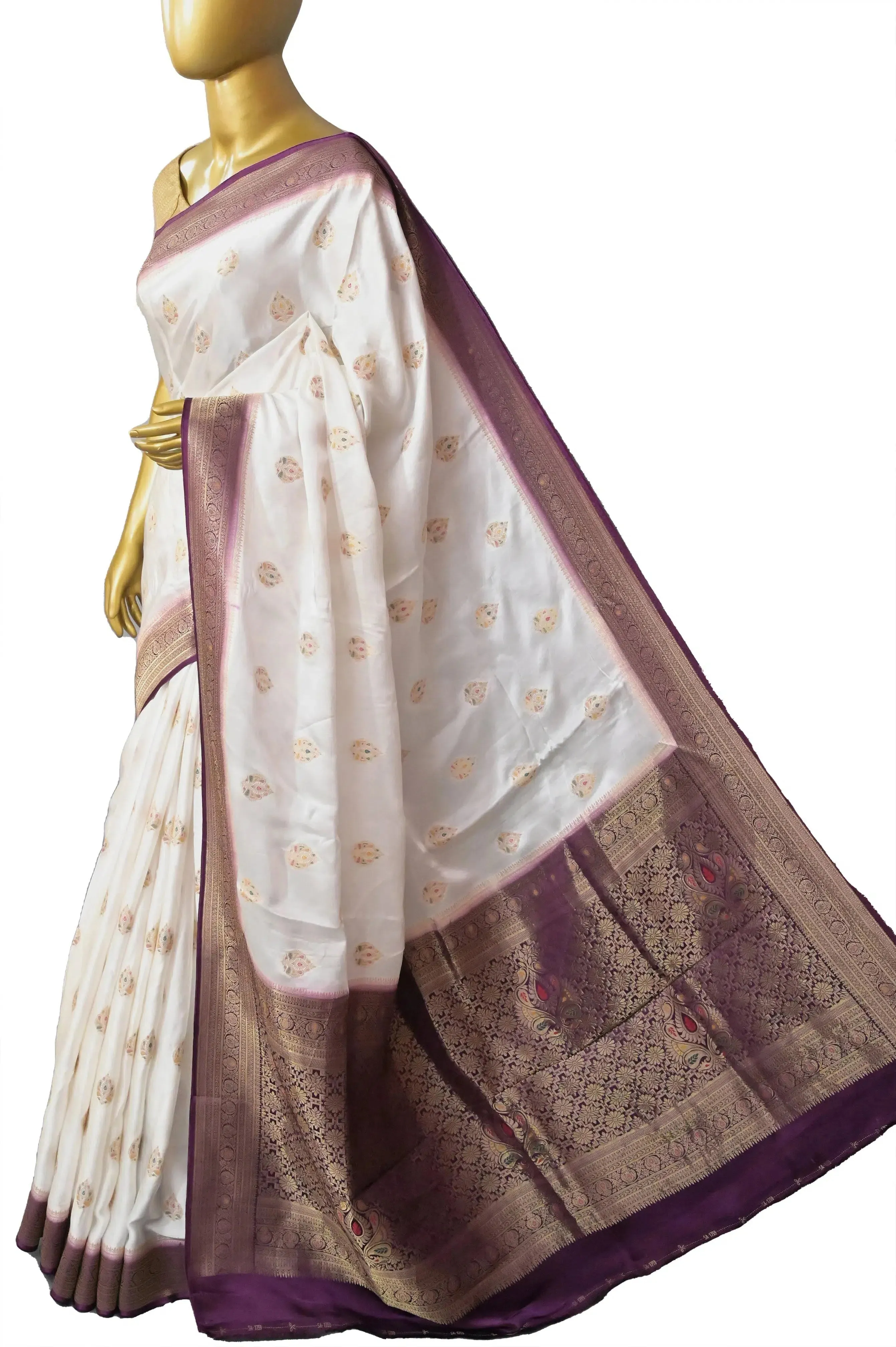 Ivory White Color Satin Banarasi Saree with Meenakari Work