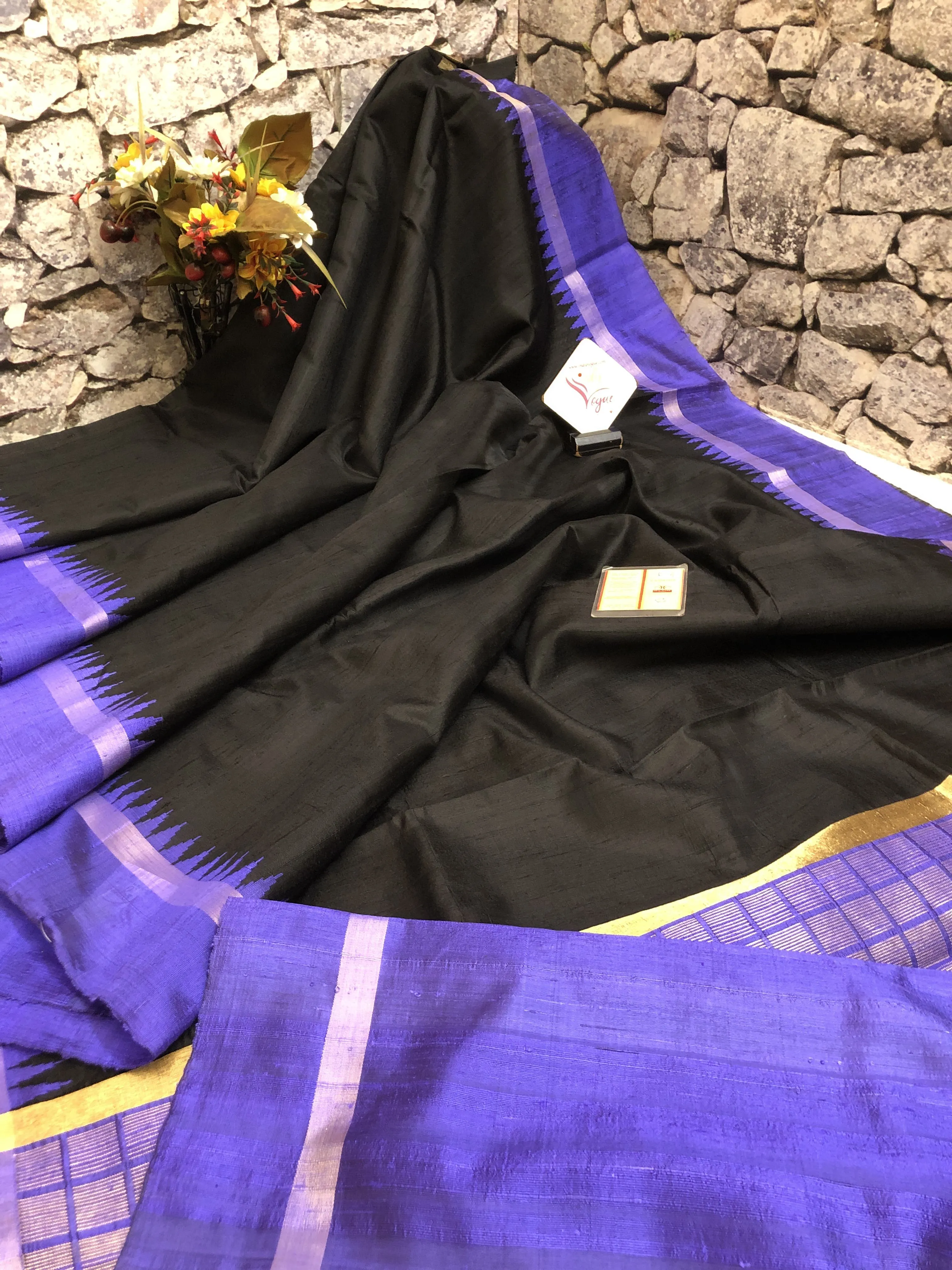 Jet Black Color Pure Raw Silk Saree