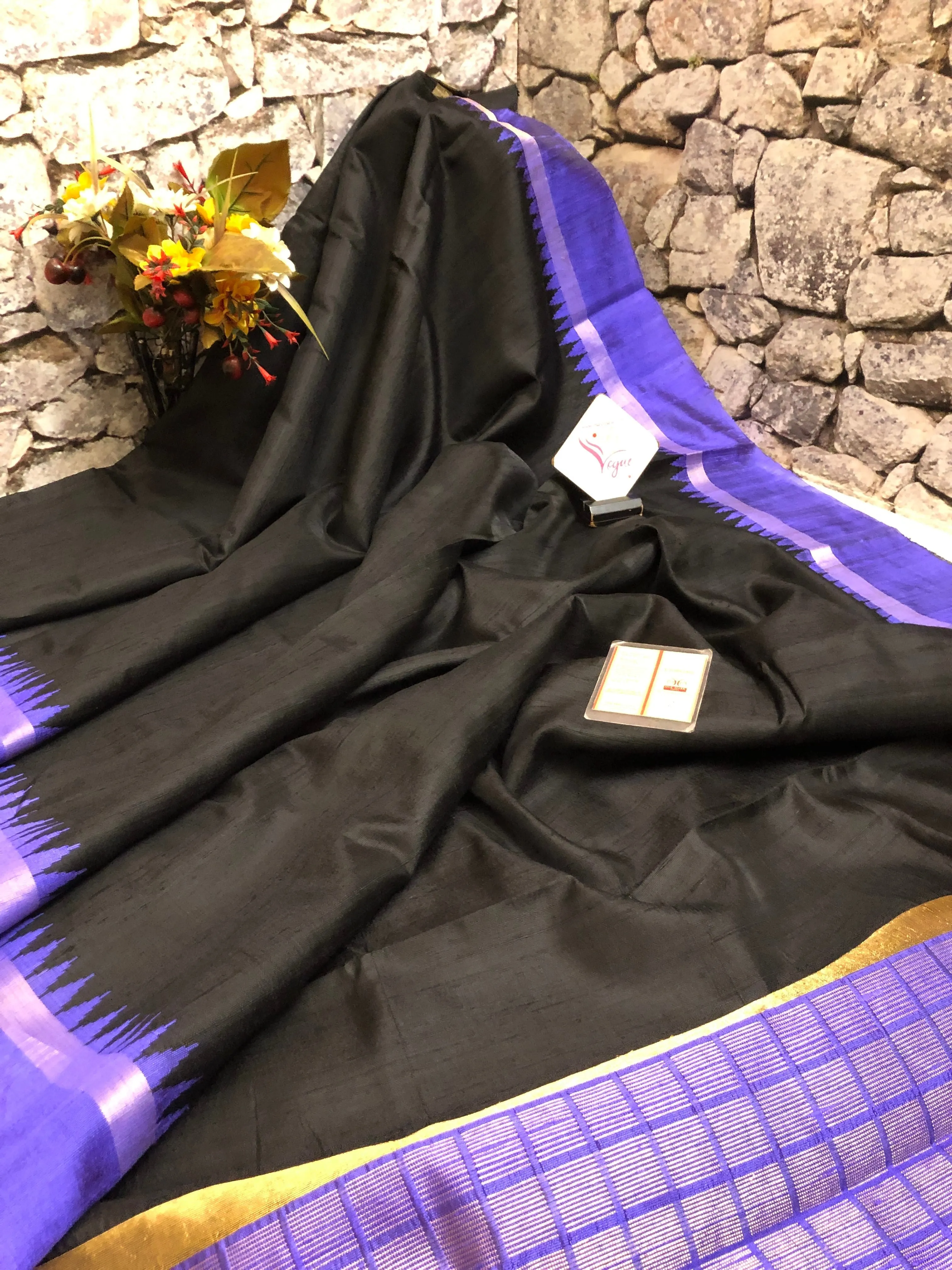 Jet Black Color Pure Raw Silk Saree