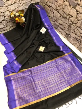 Jet Black Color Pure Raw Silk Saree