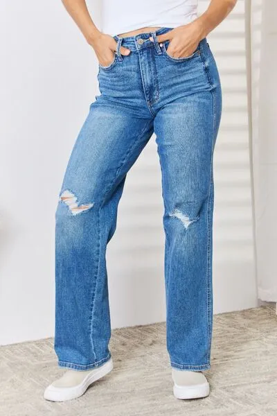 Judy Blue High Waist Distressed Straight-Leg Jeans (Online Exclusive)