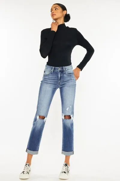 Kancan High Waist Distressed Hem Detail Cropped Straight Jeans (Online Exclusive)