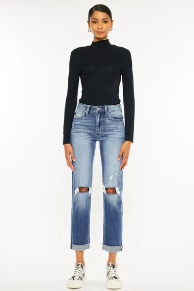 Kancan High Waist Distressed Hem Detail Cropped Straight Jeans (Online Exclusive)