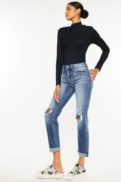 Kancan High Waist Distressed Hem Detail Cropped Straight Jeans (Online Exclusive)