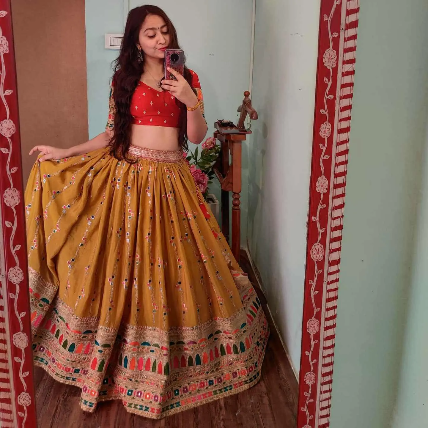 karva-chauth-wedding-special-festive-designer-lehenga-half-sleeves-flared-mustard-lehenga