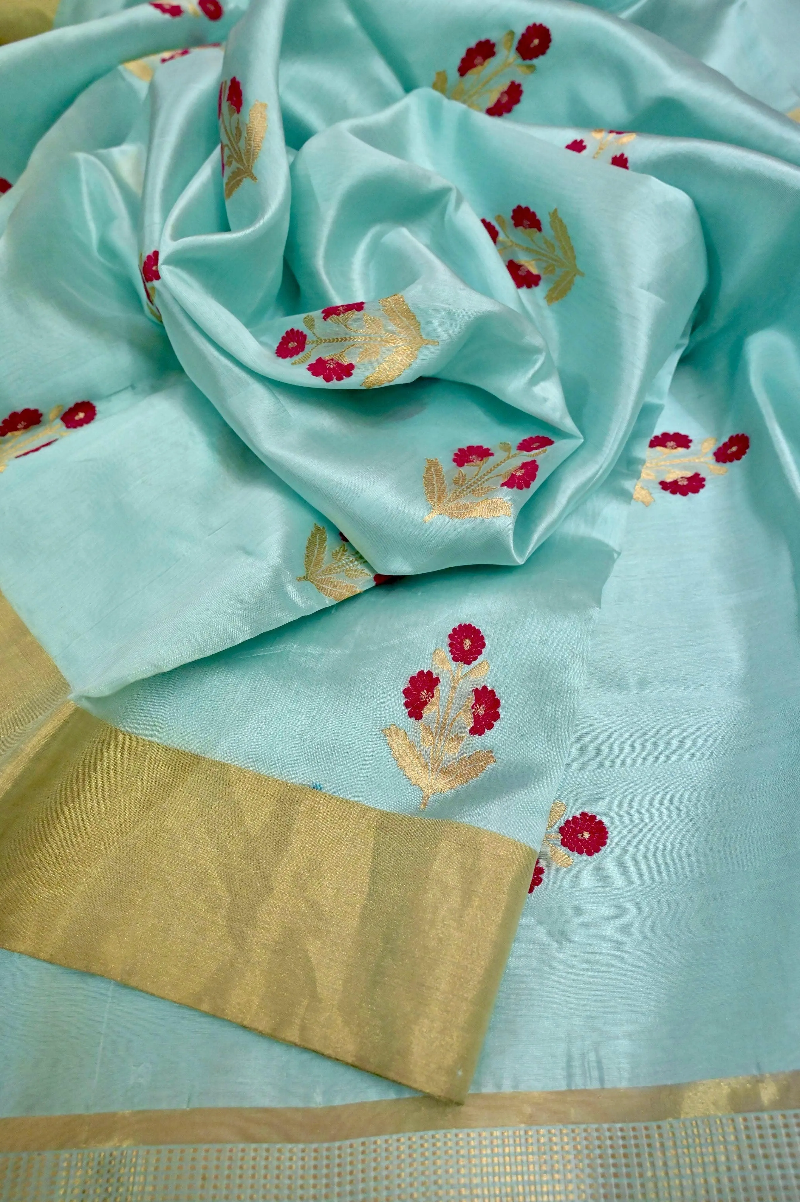 Light Blue Color Pure Chanderi Banarasi Saree with Meenakari Butta