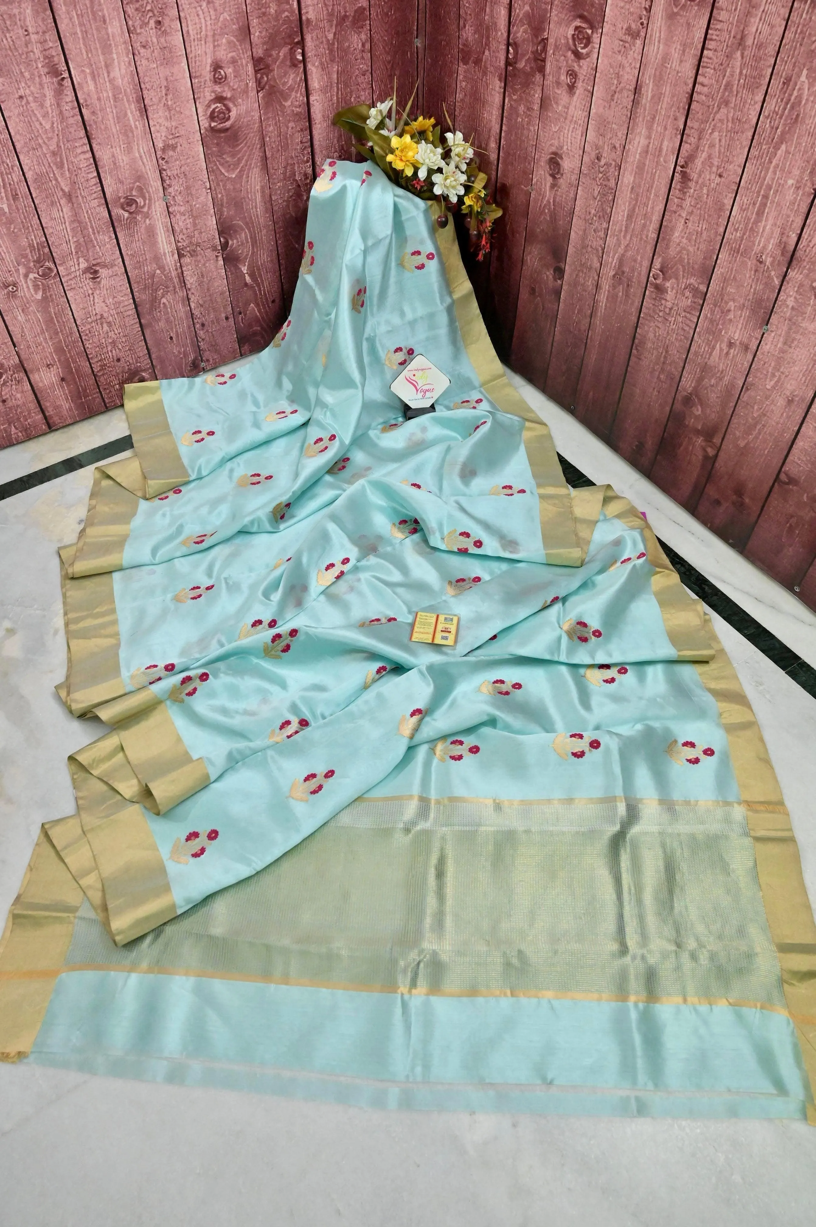 Light Blue Color Pure Chanderi Banarasi Saree with Meenakari Butta